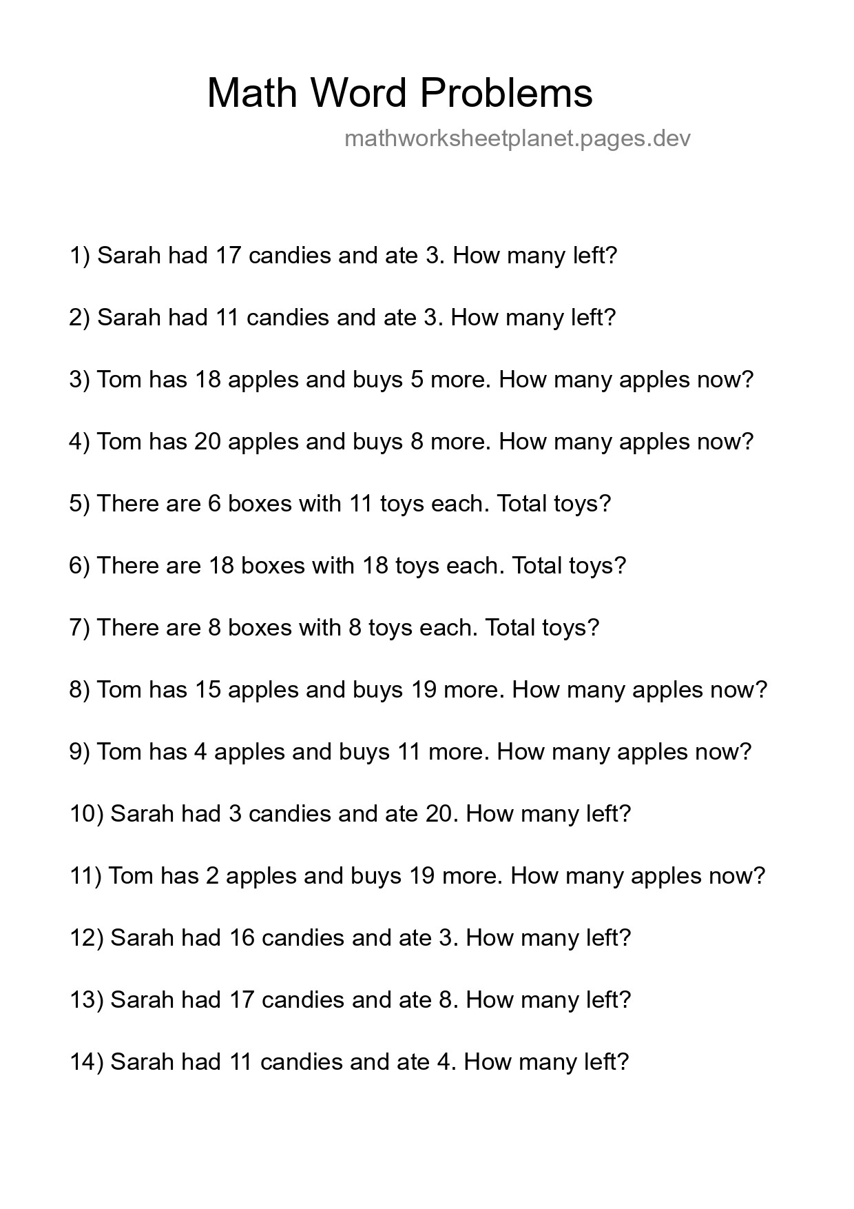 Math Word Problem Worksheet