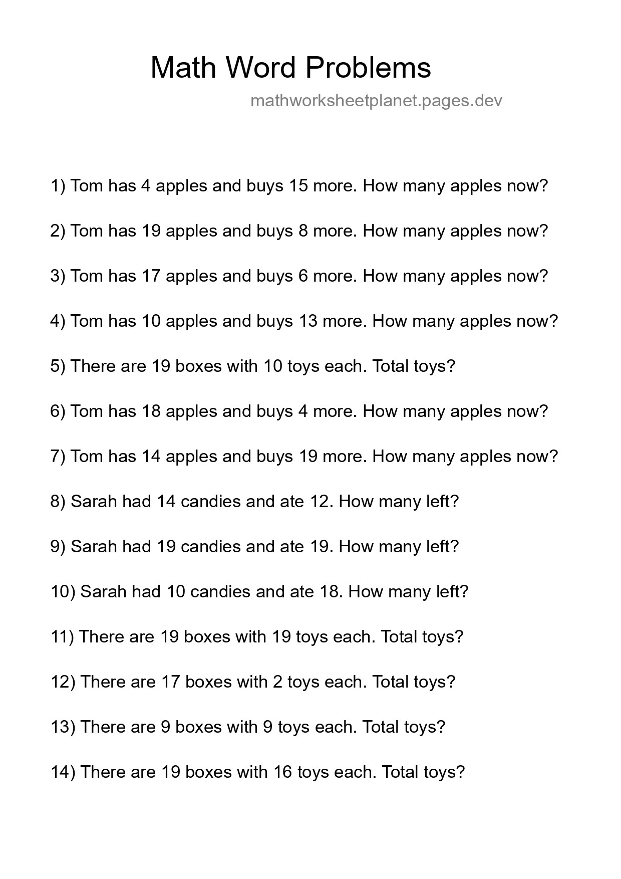 Math Word Problem Worksheet