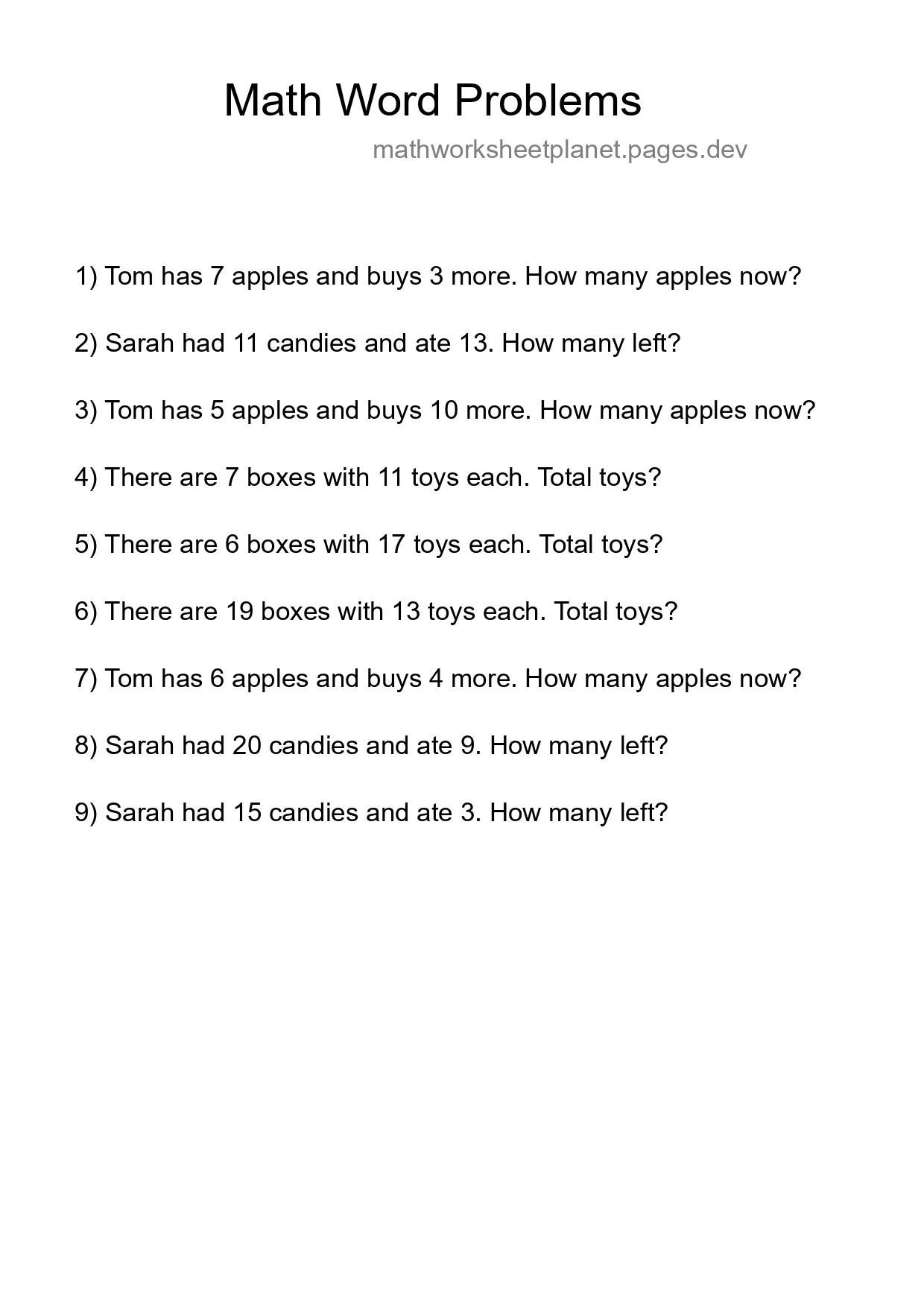 Math Word Problem Worksheet