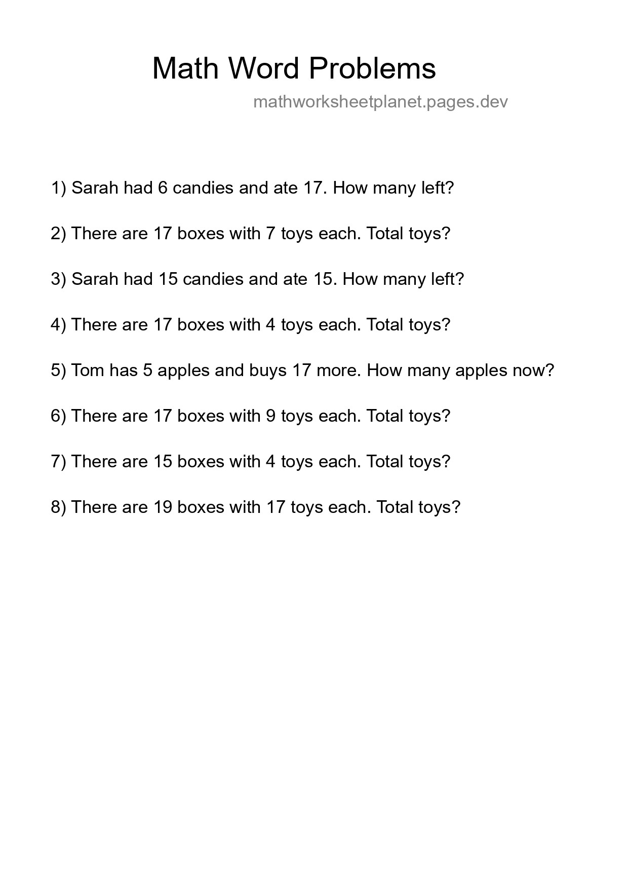 Math Word Problem Worksheet