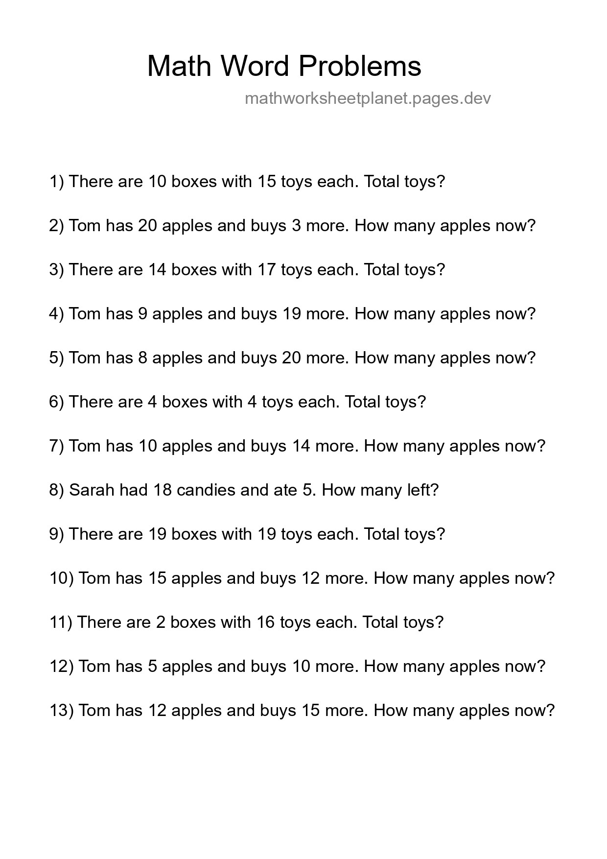 Math Word Problem Worksheet