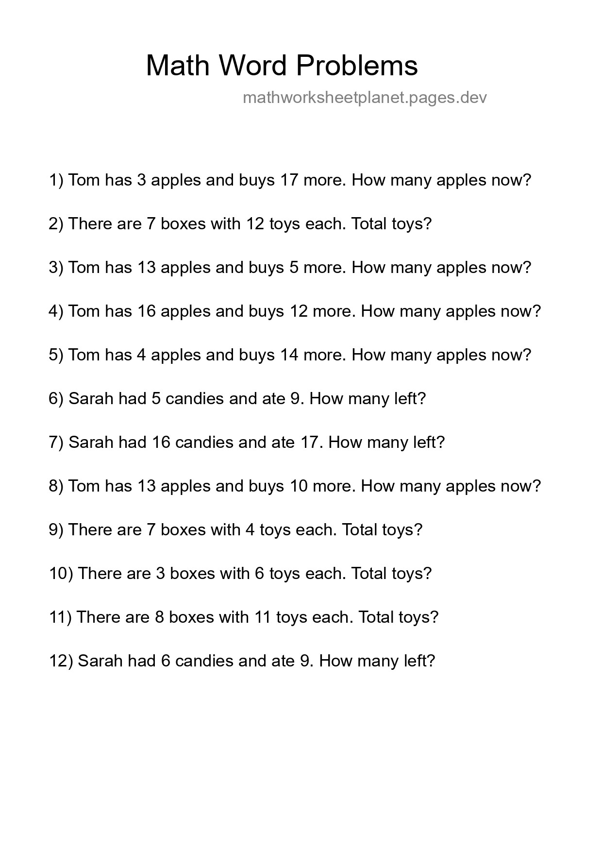 Math Word Problem Worksheet