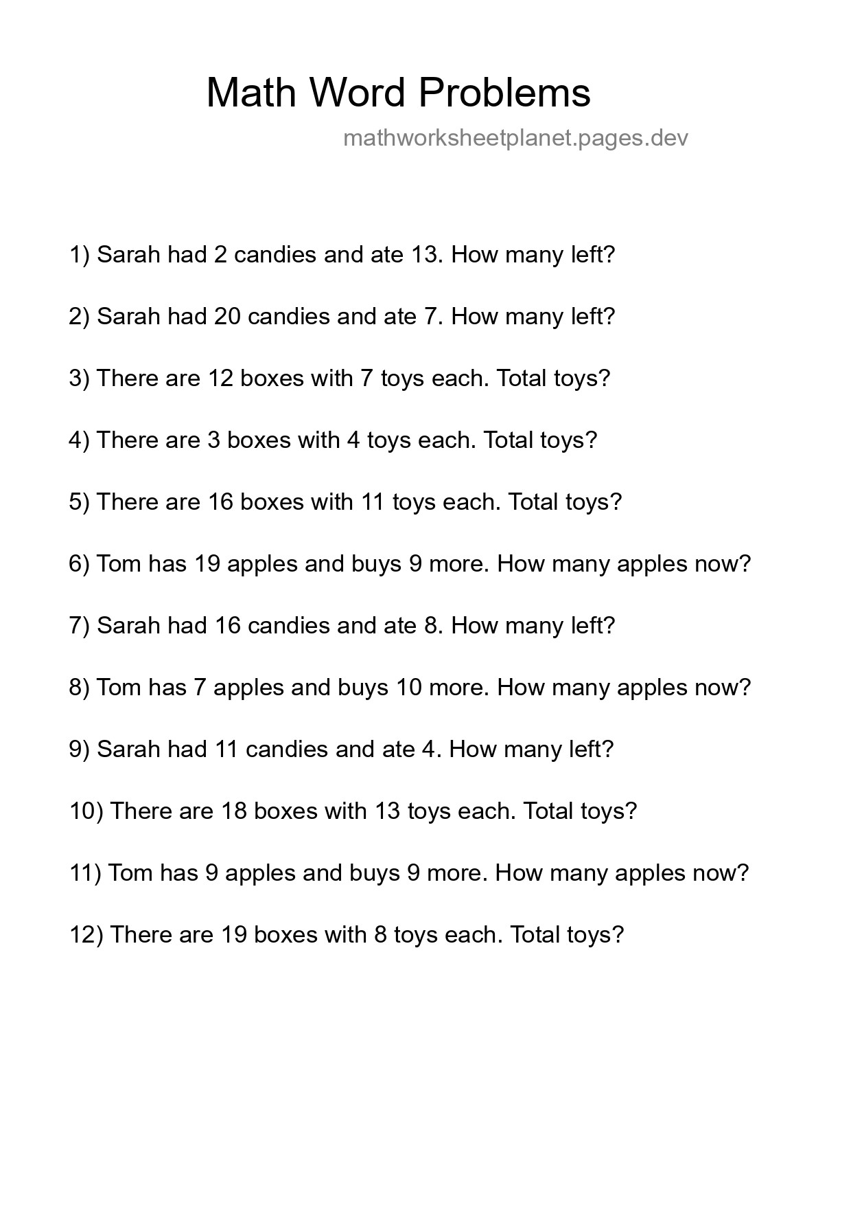 Math Word Problem Worksheet