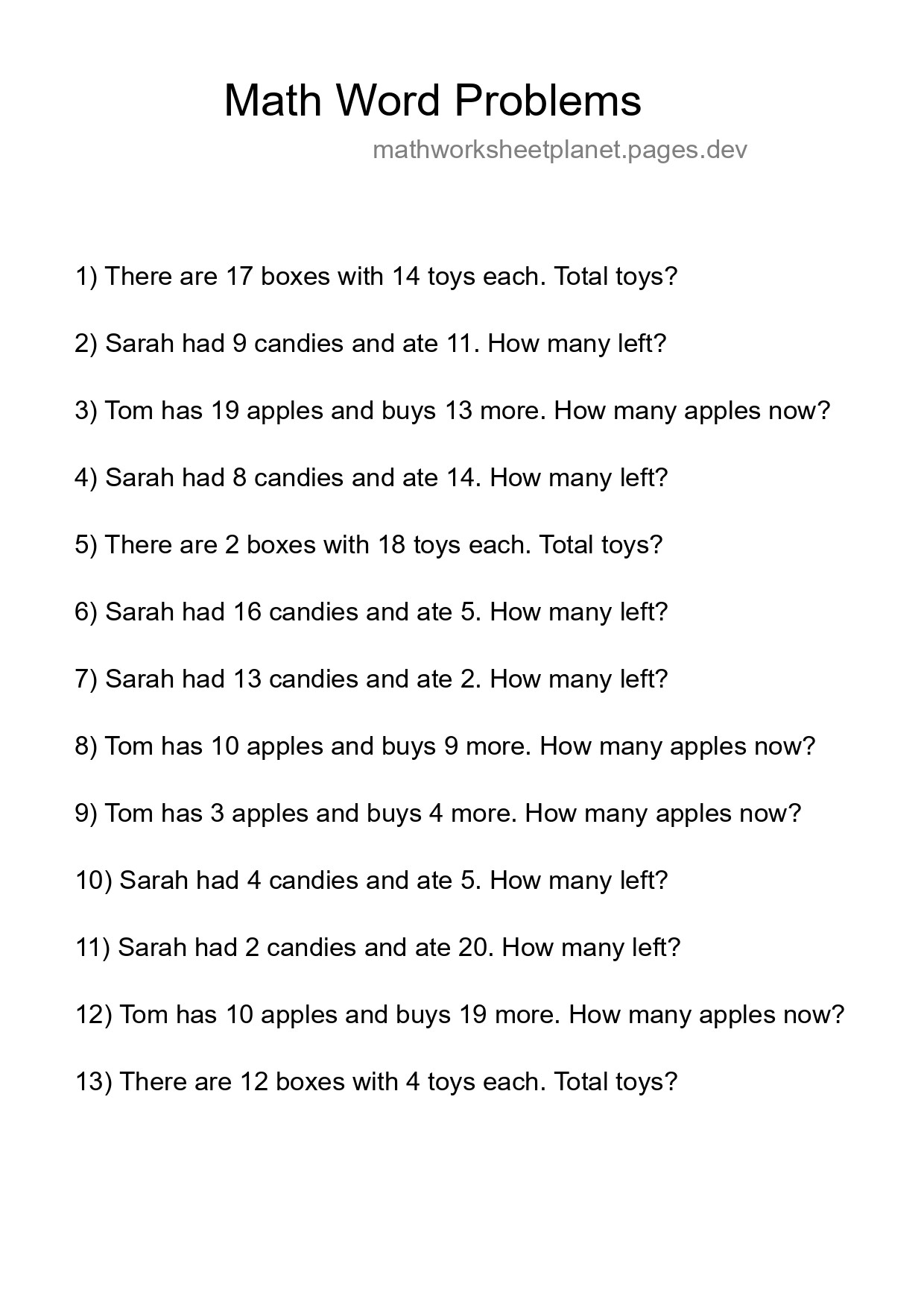 Math Word Problem Worksheet