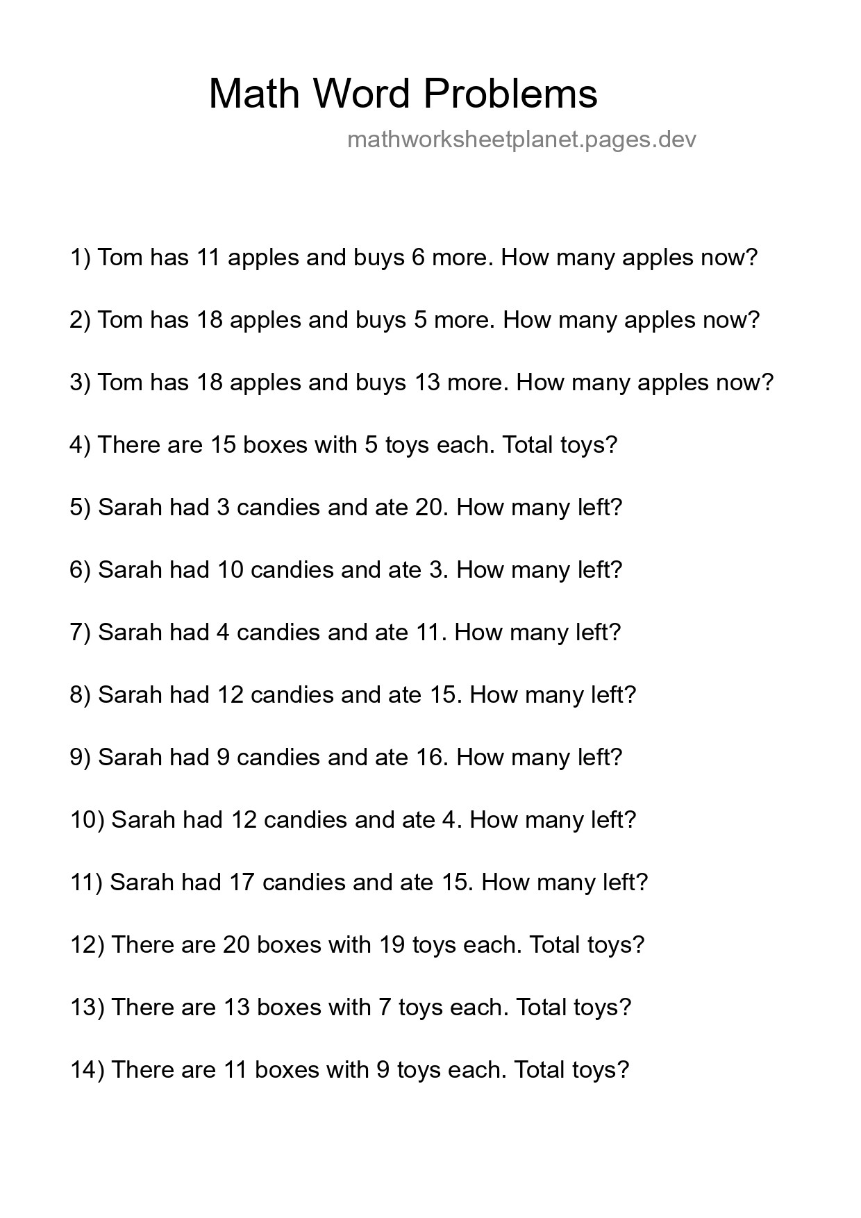 Math Word Problem Worksheet