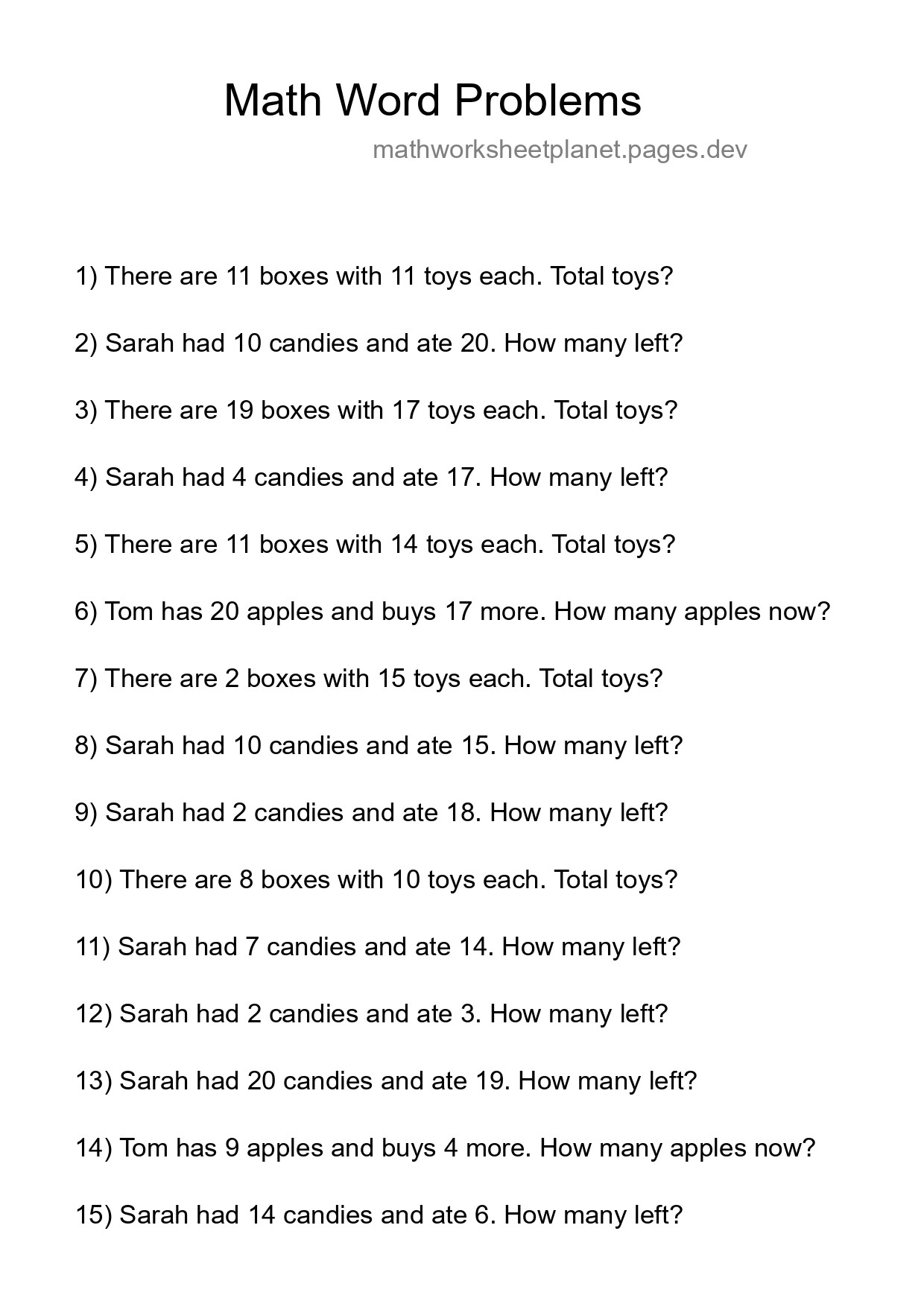 Math Word Problem Worksheet
