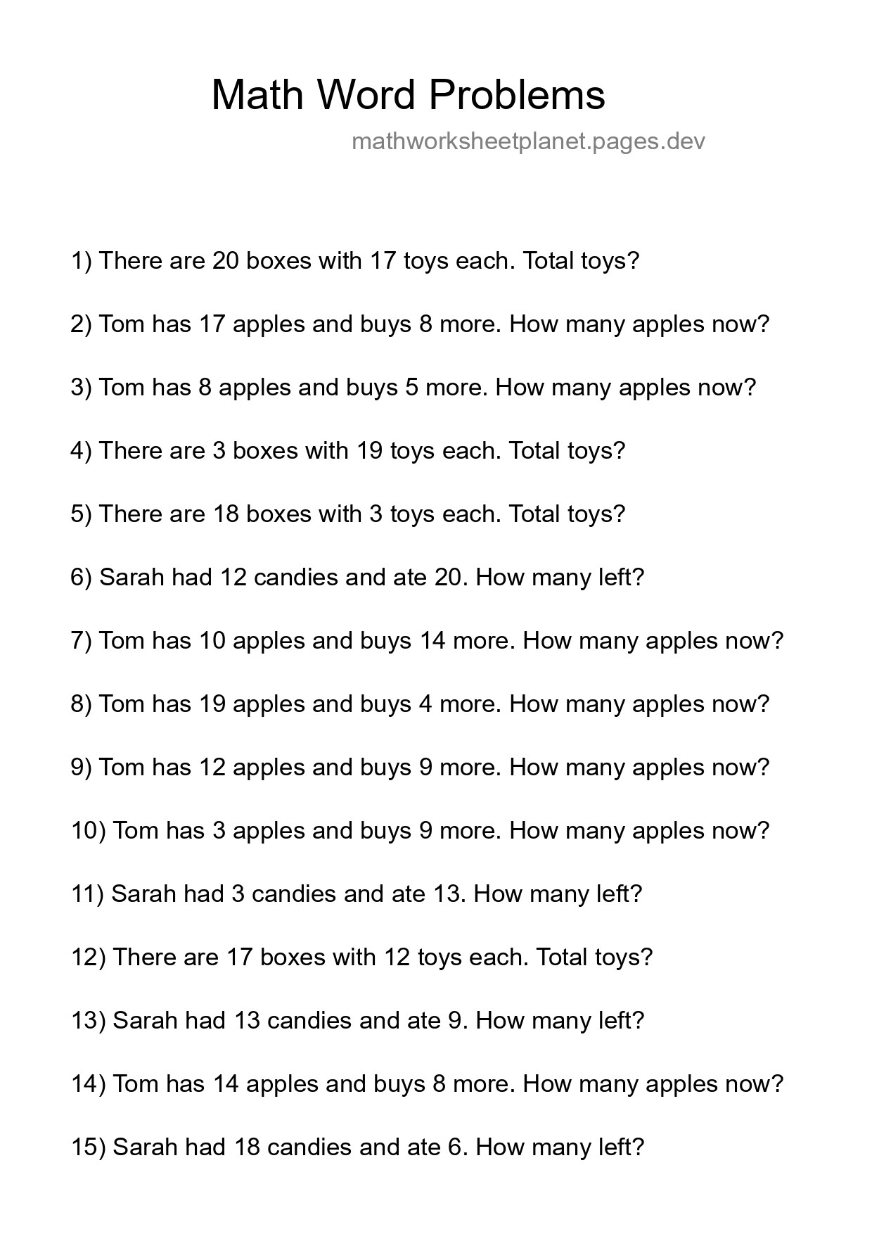 Math Word Problem Worksheet