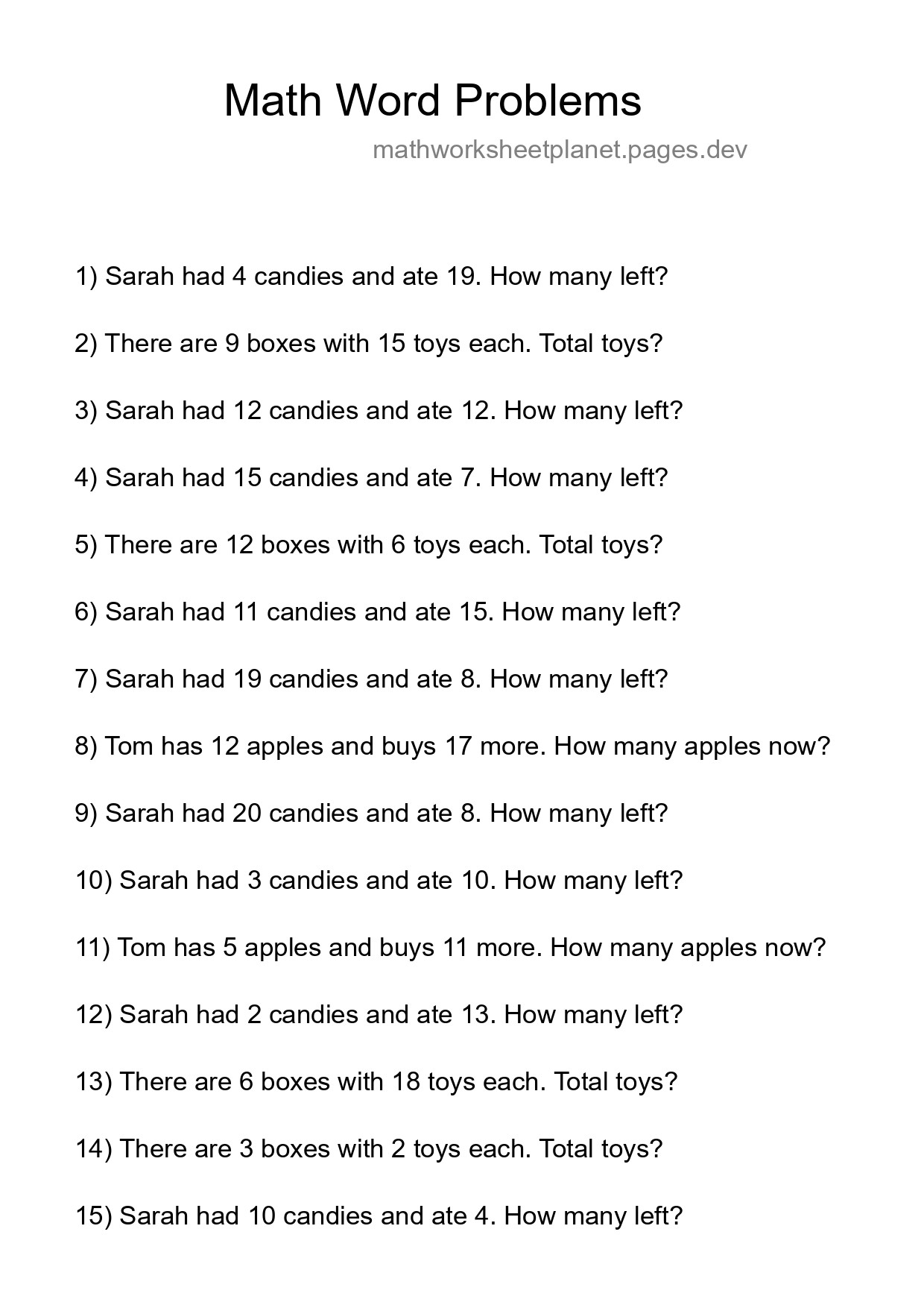 Math Word Problem Worksheet
