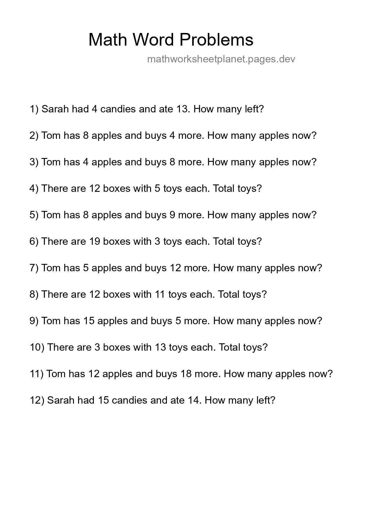 Math Word Problem Worksheet