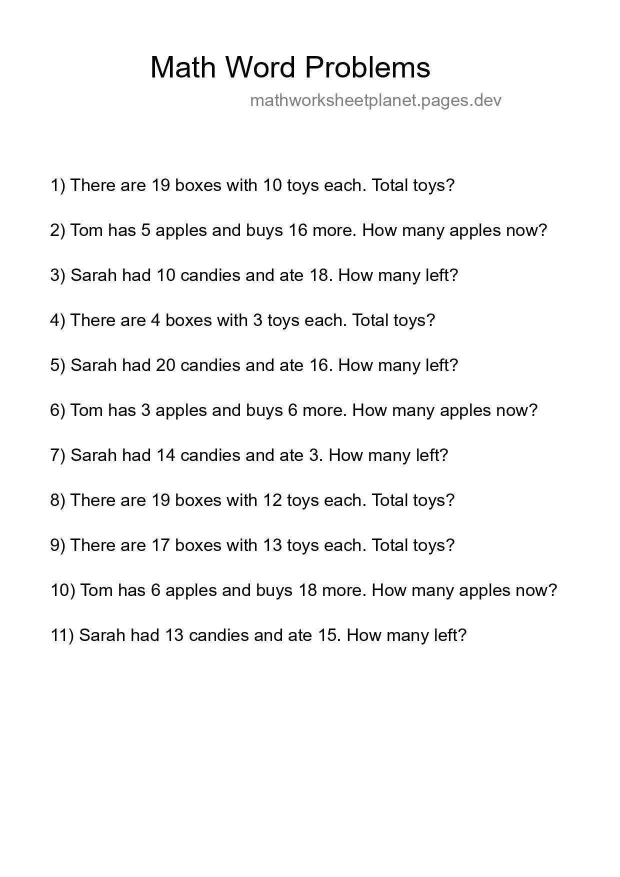 Math Word Problem Worksheet