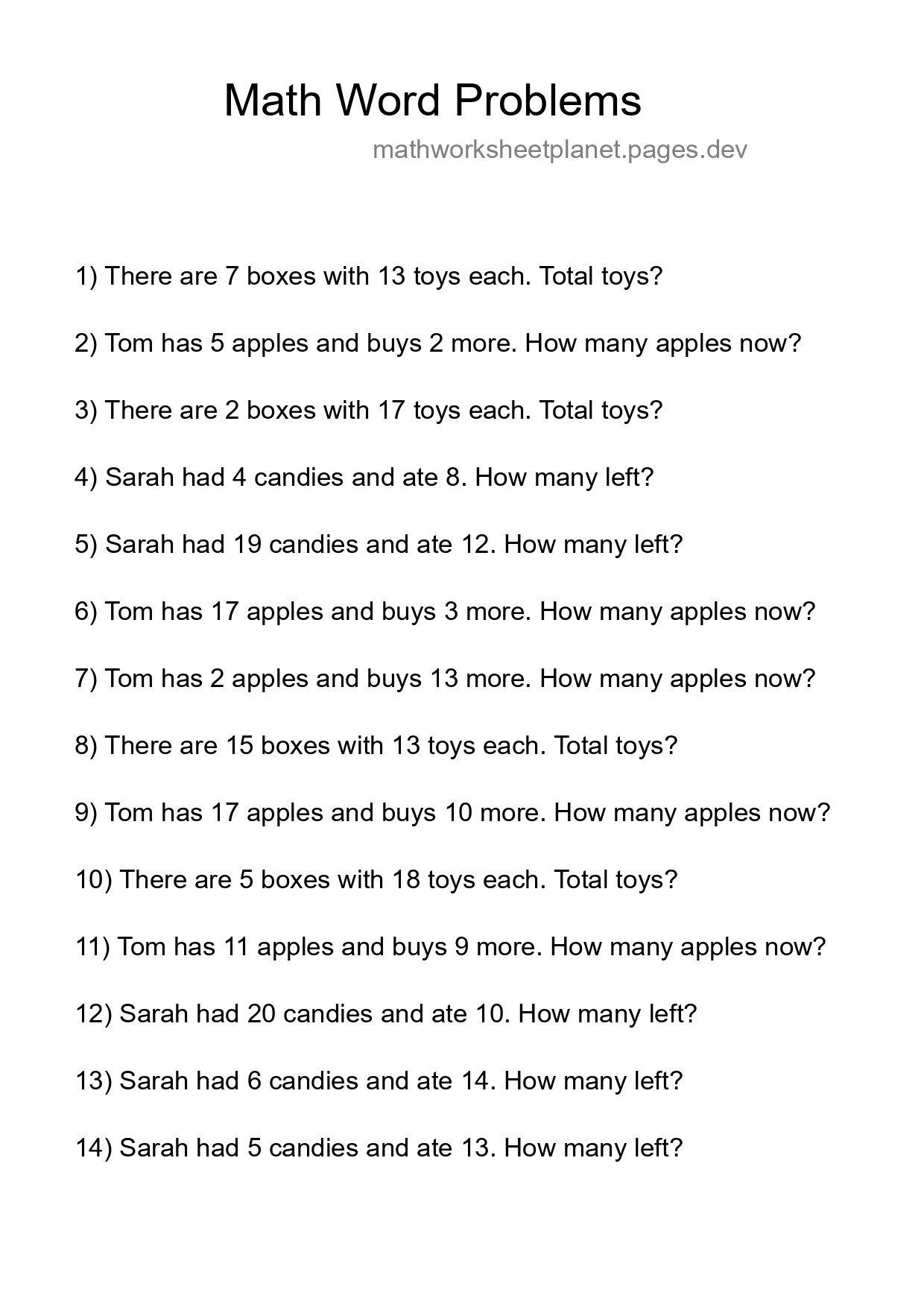 Math Word Problem Worksheet