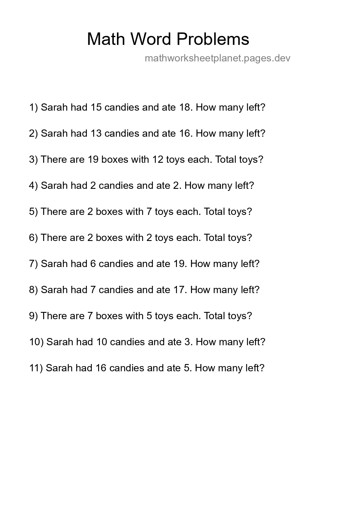 Math Word Problem Worksheet