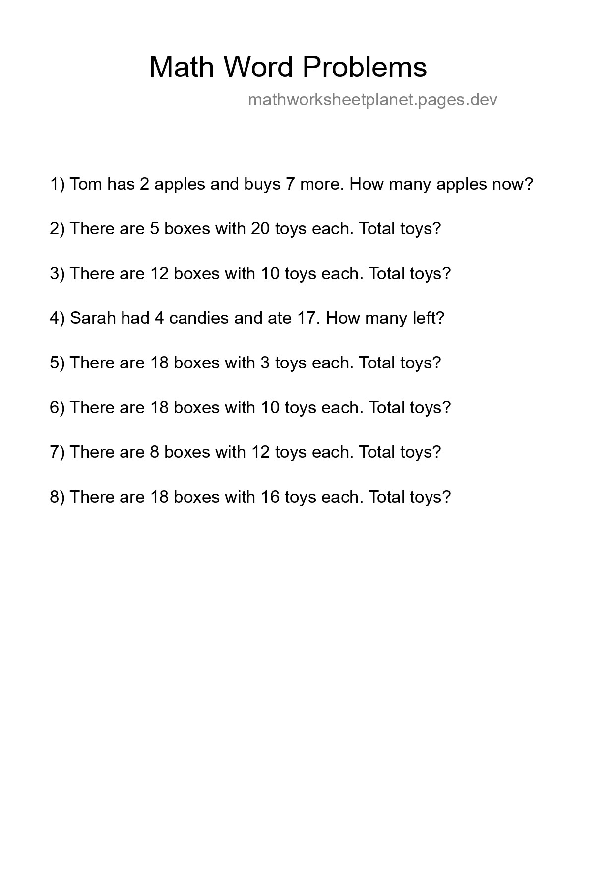 Math Word Problem Worksheet