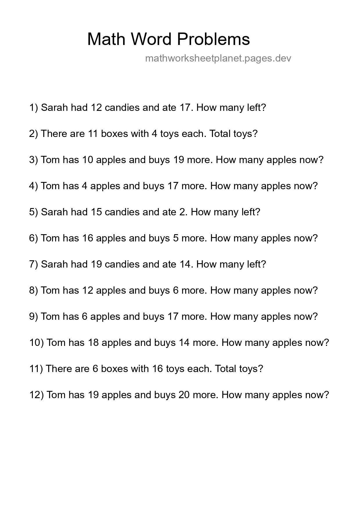 Math Word Problem Worksheet