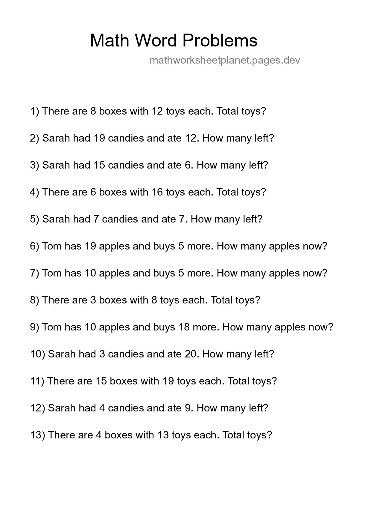 Math Word Problem Worksheet