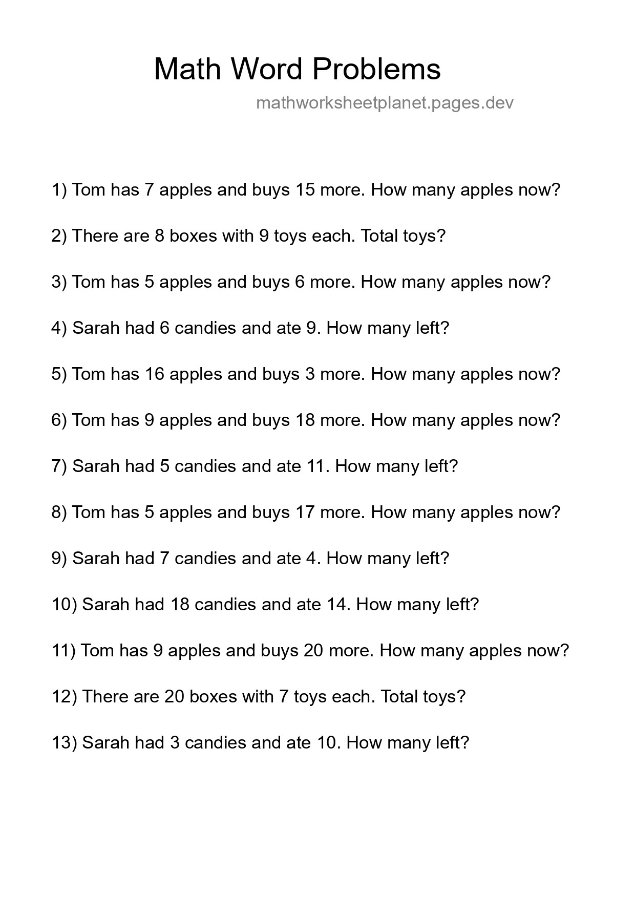 Math Word Problem Worksheet