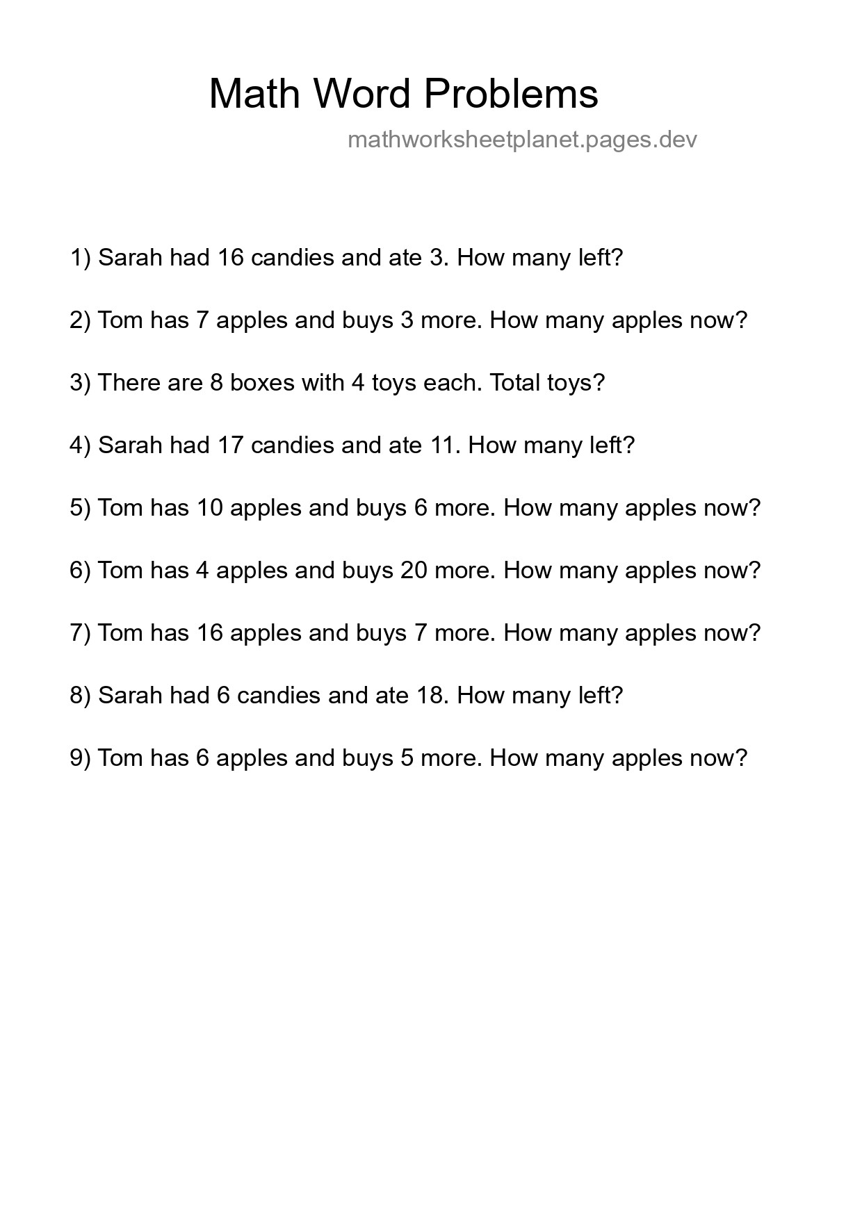 Math Word Problem Worksheet