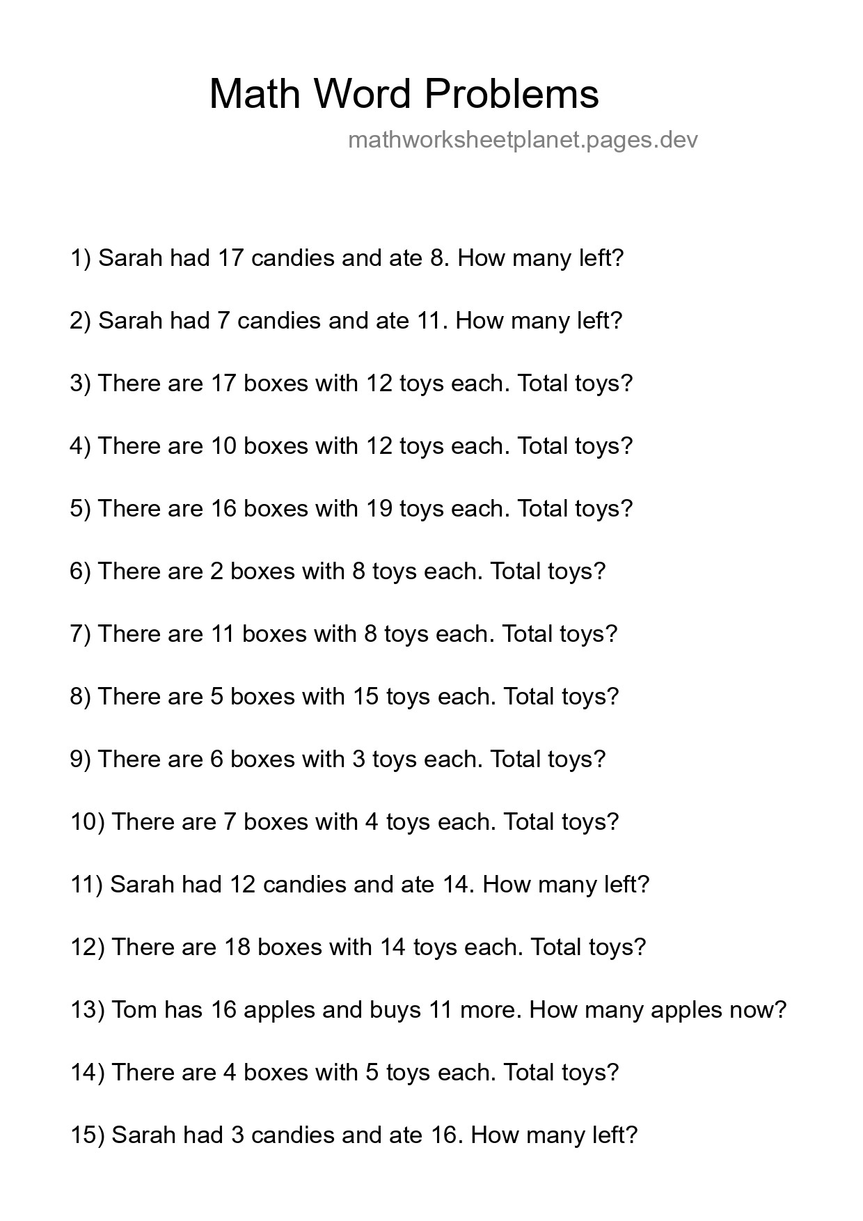 Math Word Problem Worksheet