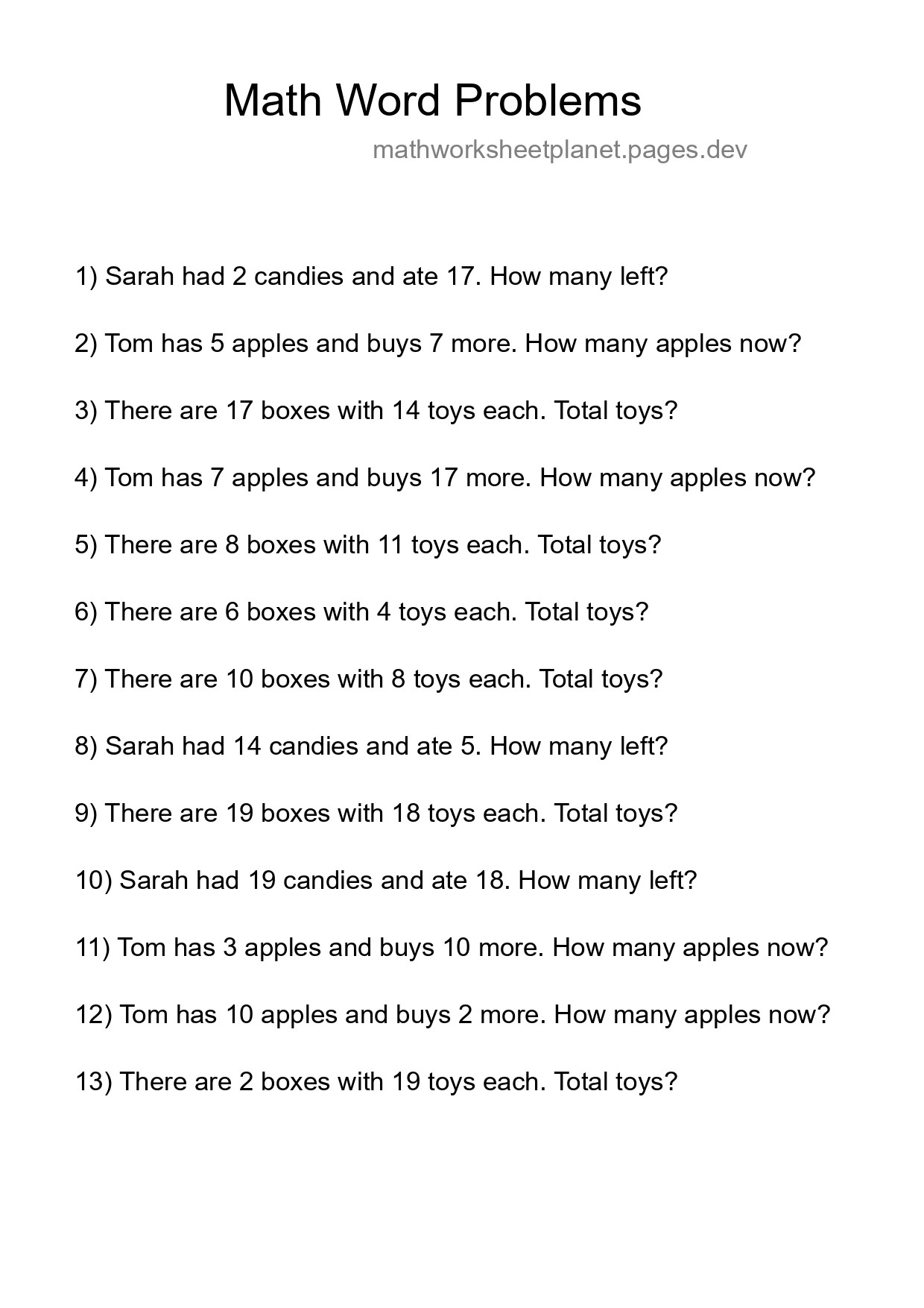 Math Word Problem Worksheet