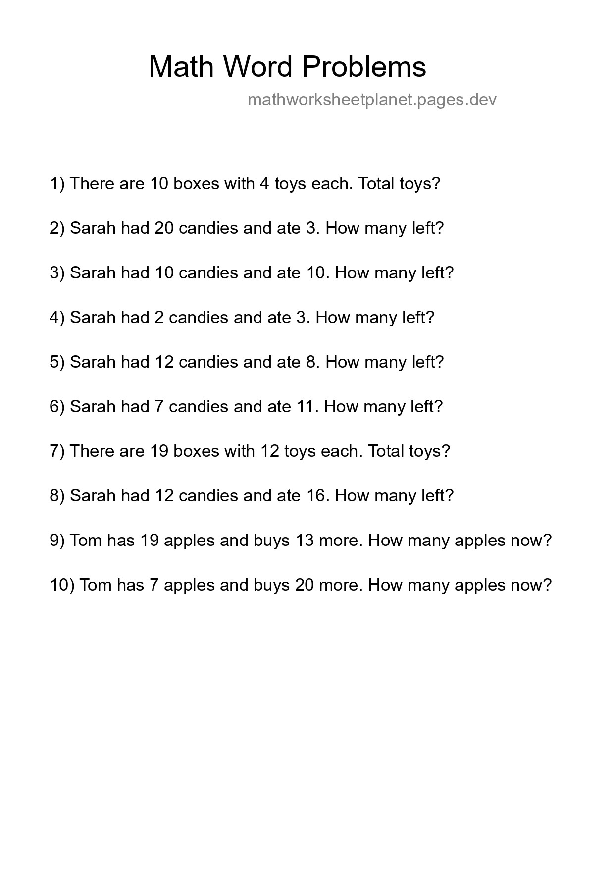 Math Word Problem Worksheet