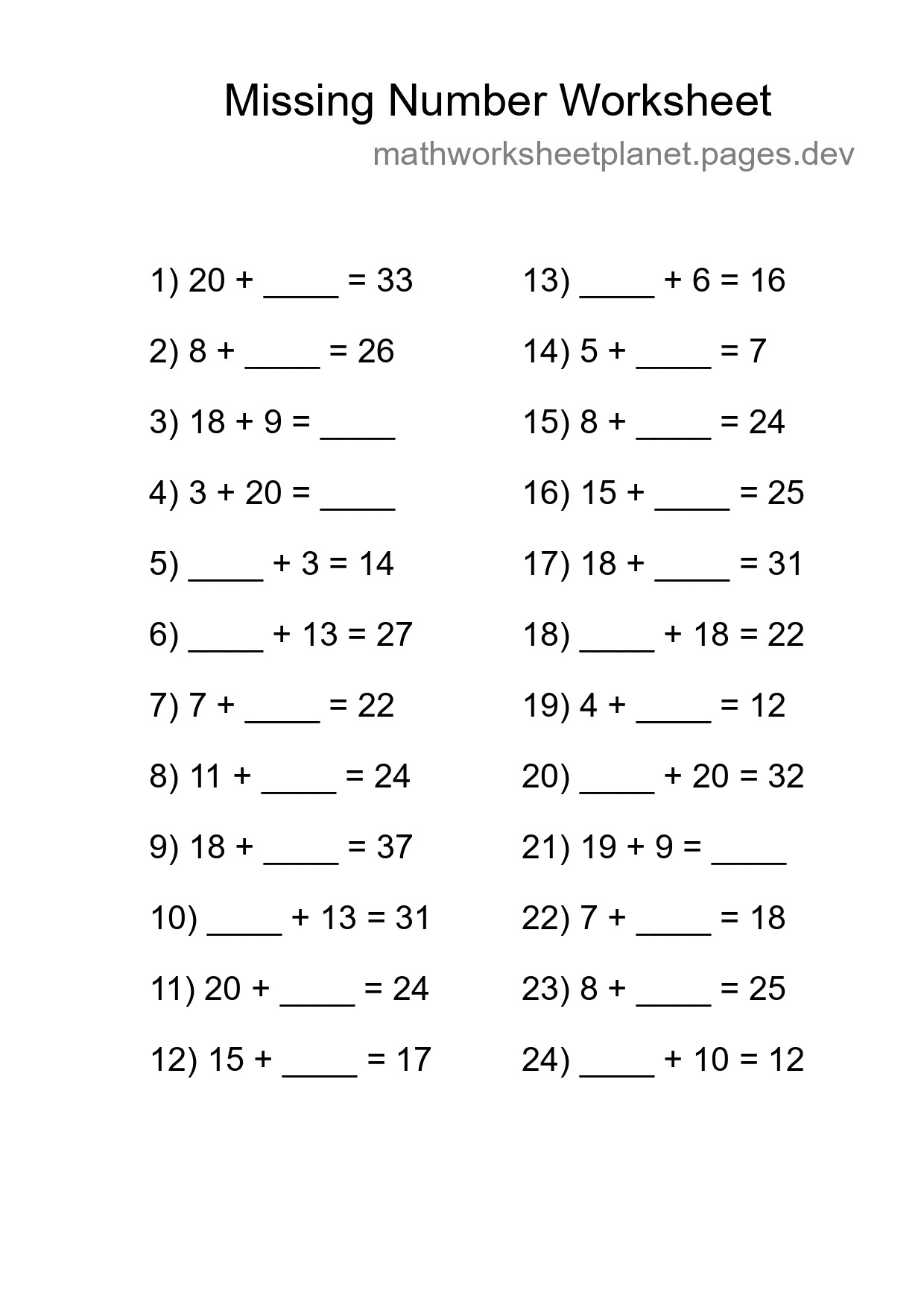 Missing Number Math Worksheet