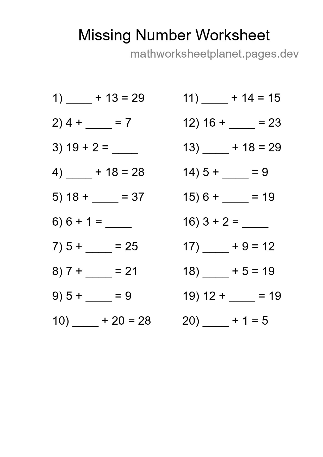 Missing Number Math Worksheet