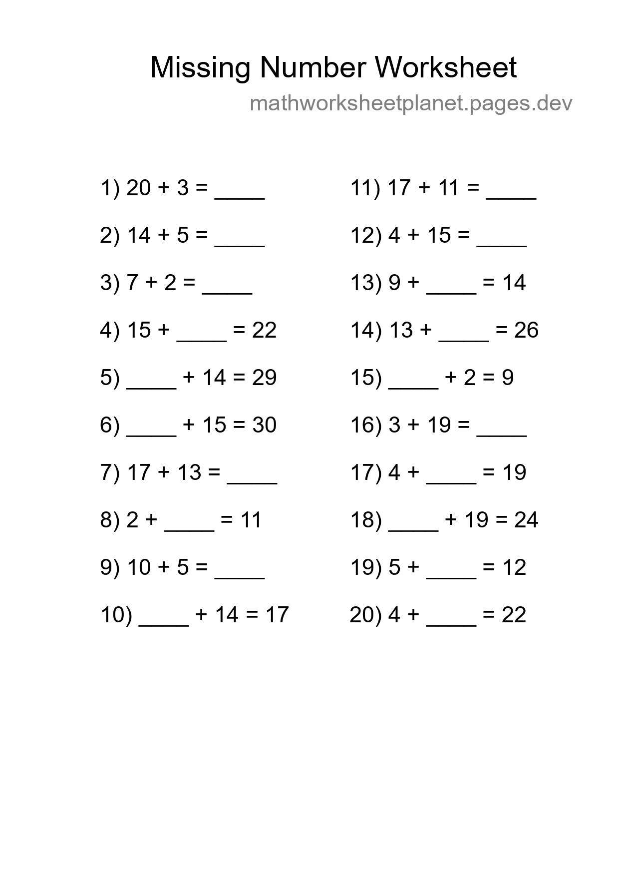 Missing Number Math Worksheet
