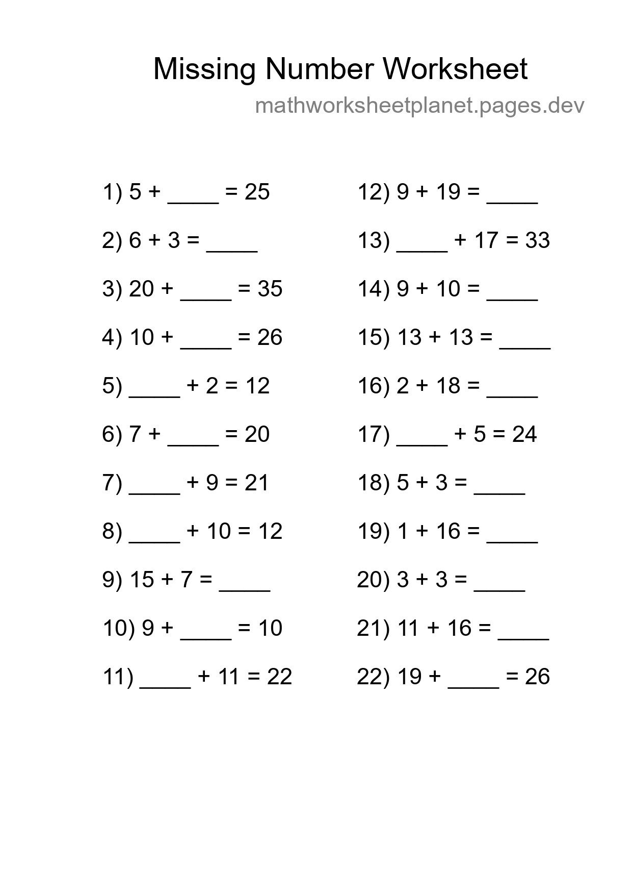 Missing Number Math Worksheet