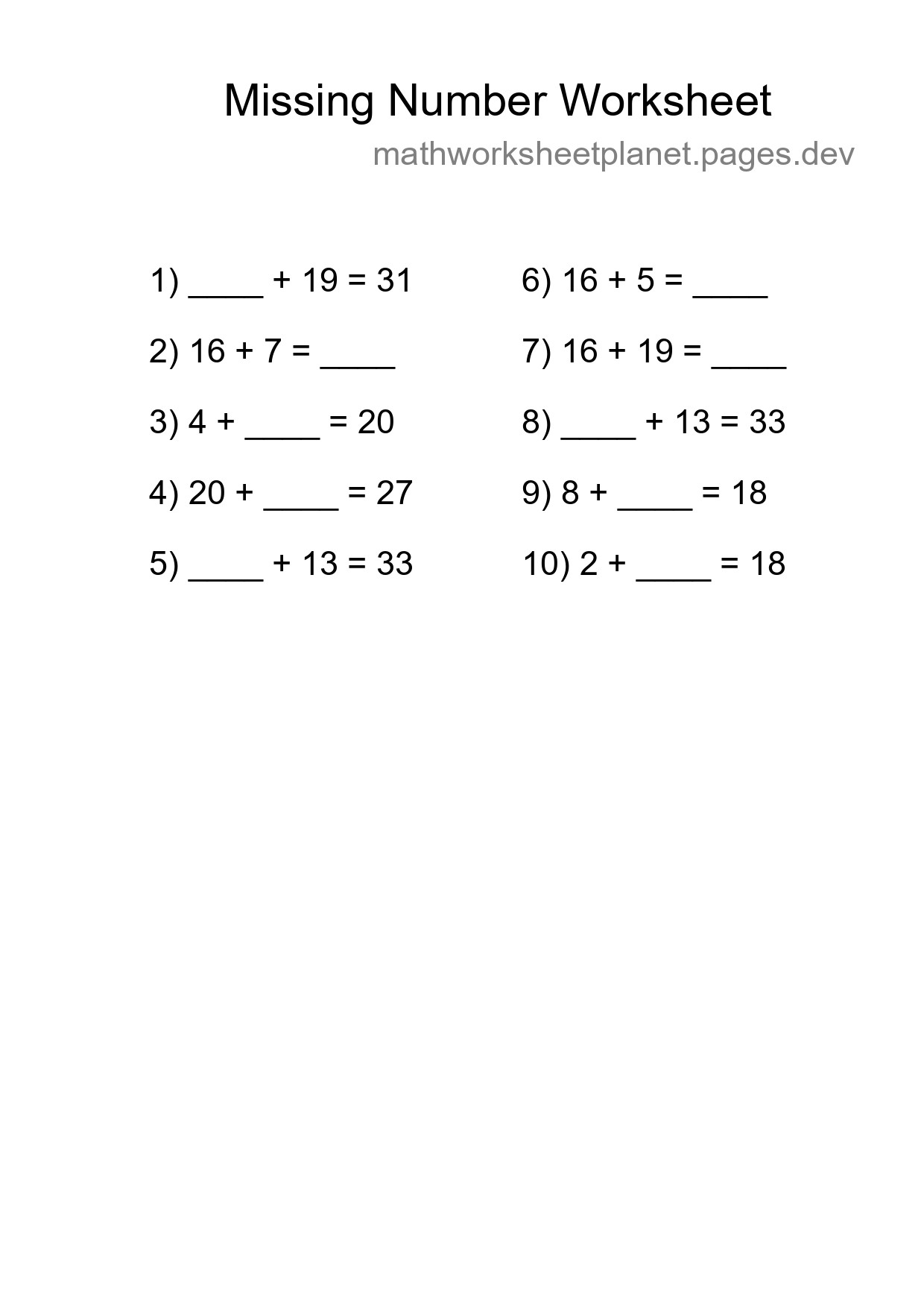 Missing Number Math Worksheet