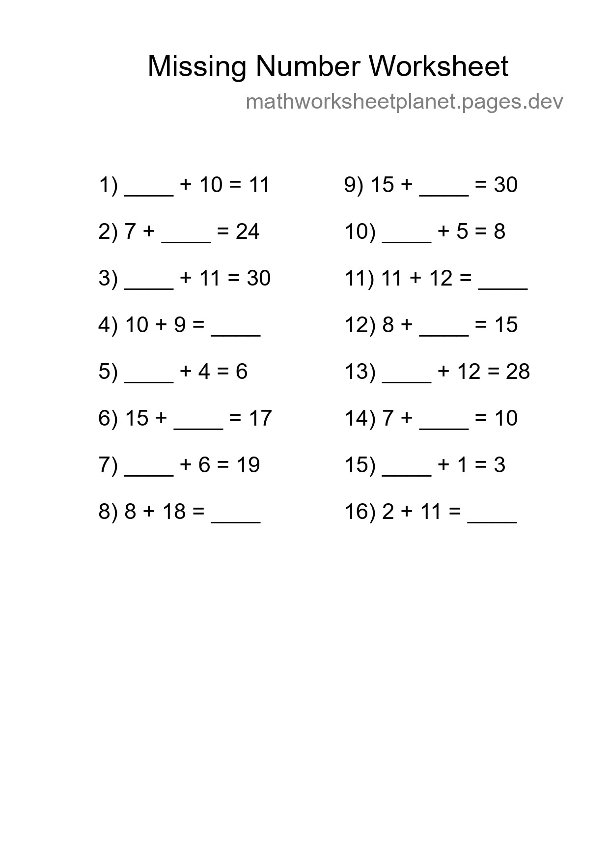 Missing Number Math Worksheet