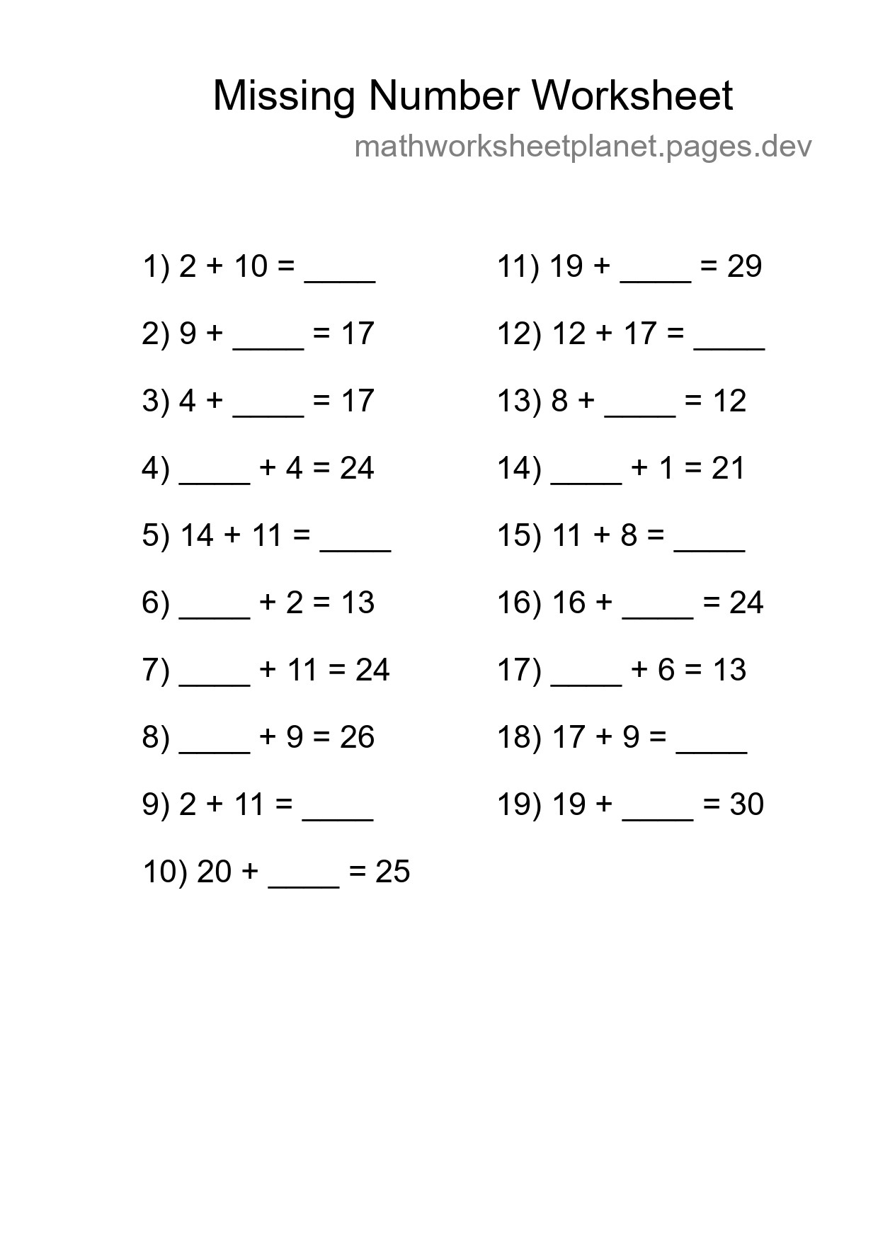Missing Number Math Worksheet