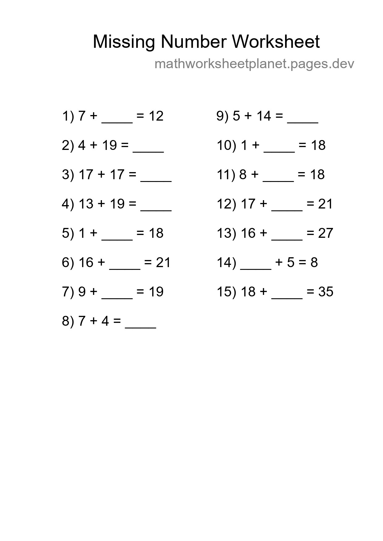 Missing Number Math Worksheet