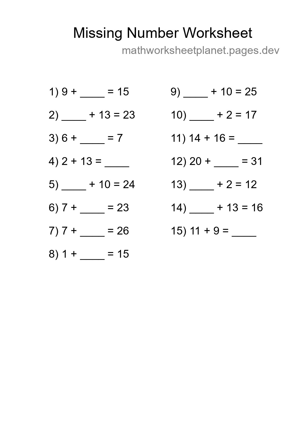 Missing Number Math Worksheet