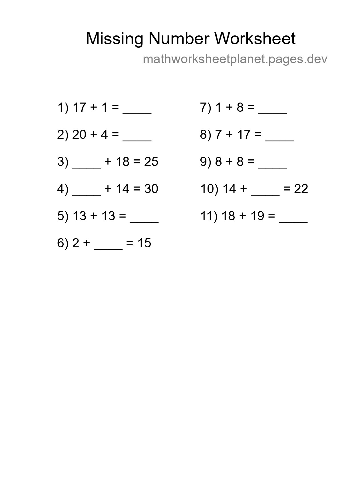 Missing Number Math Worksheet