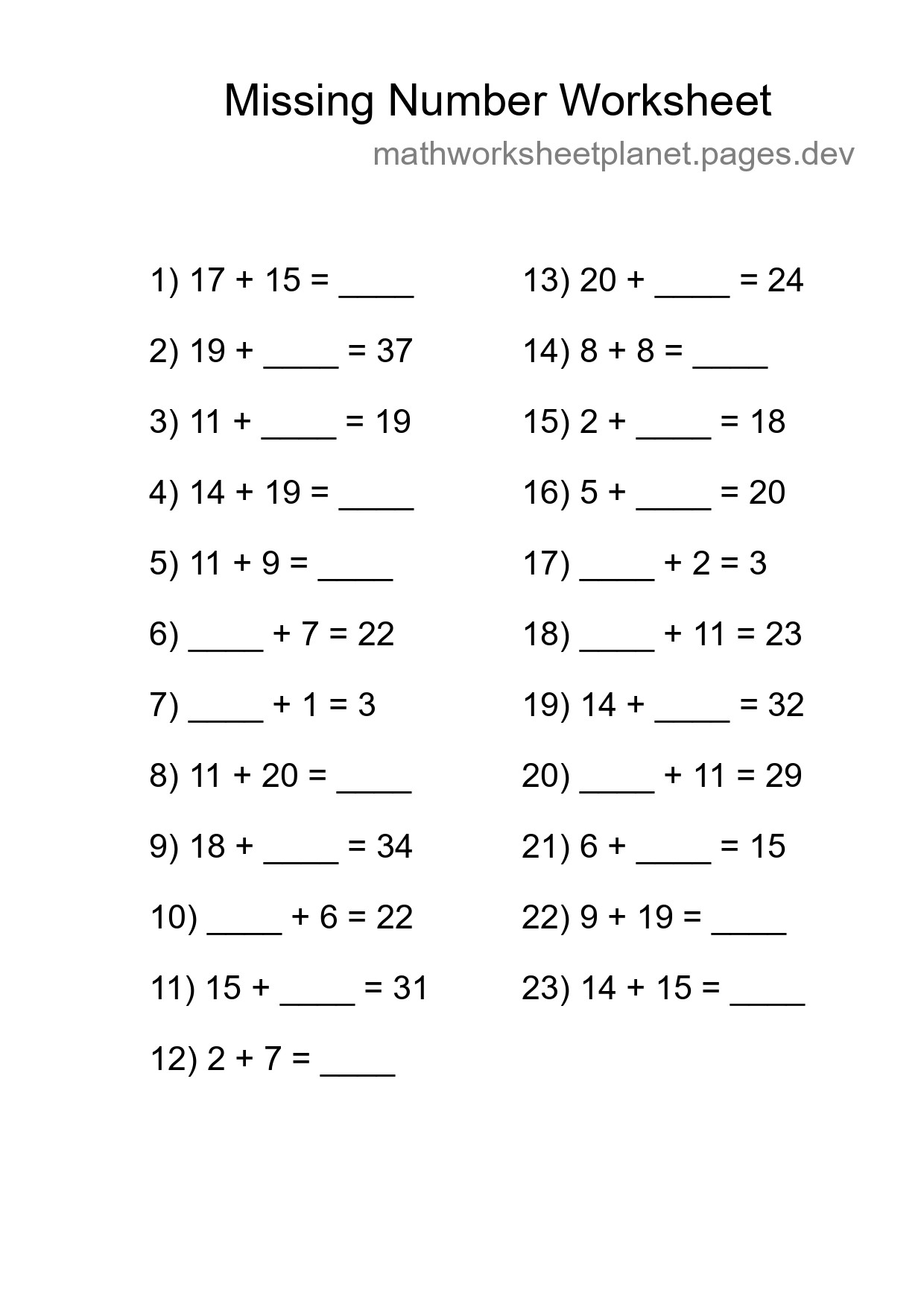 Missing Number Math Worksheet