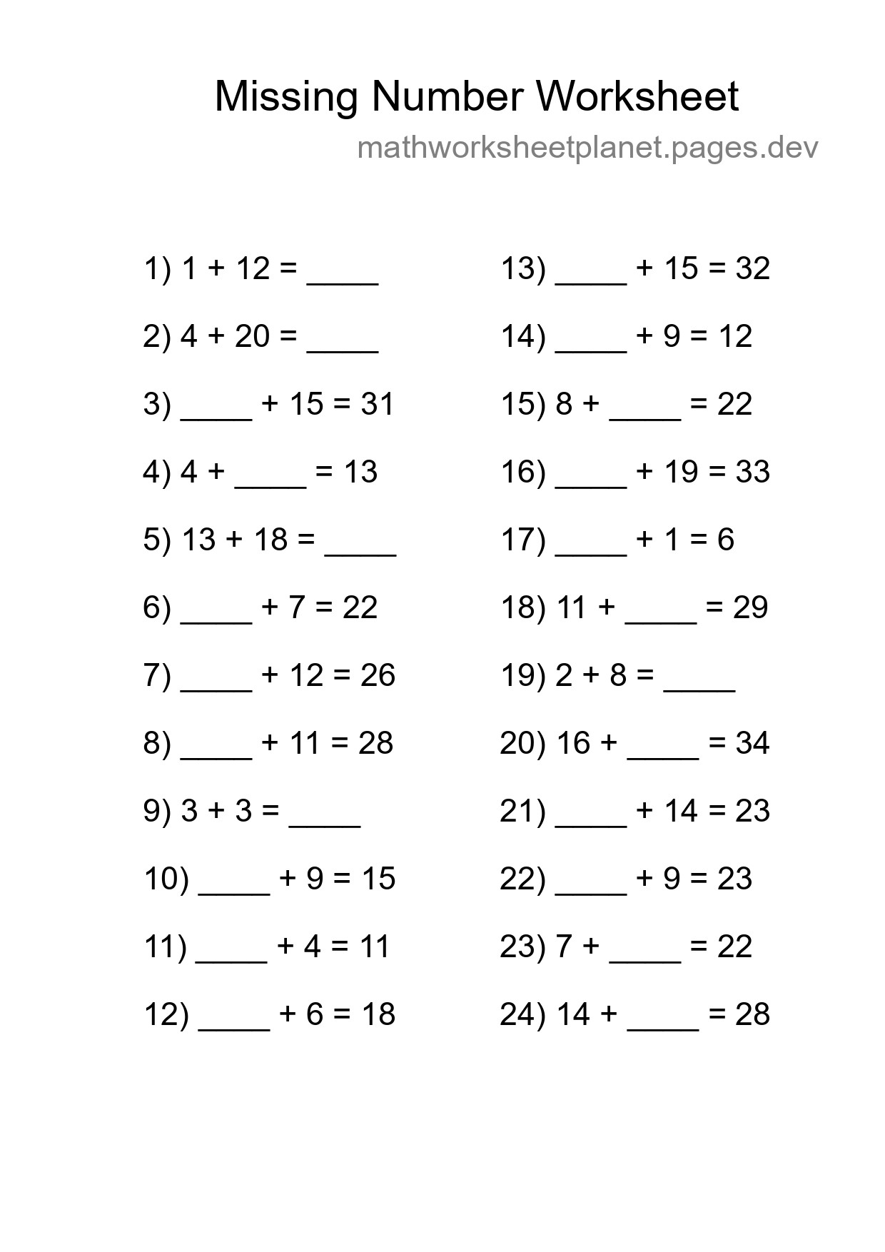 Missing Number Math Worksheet