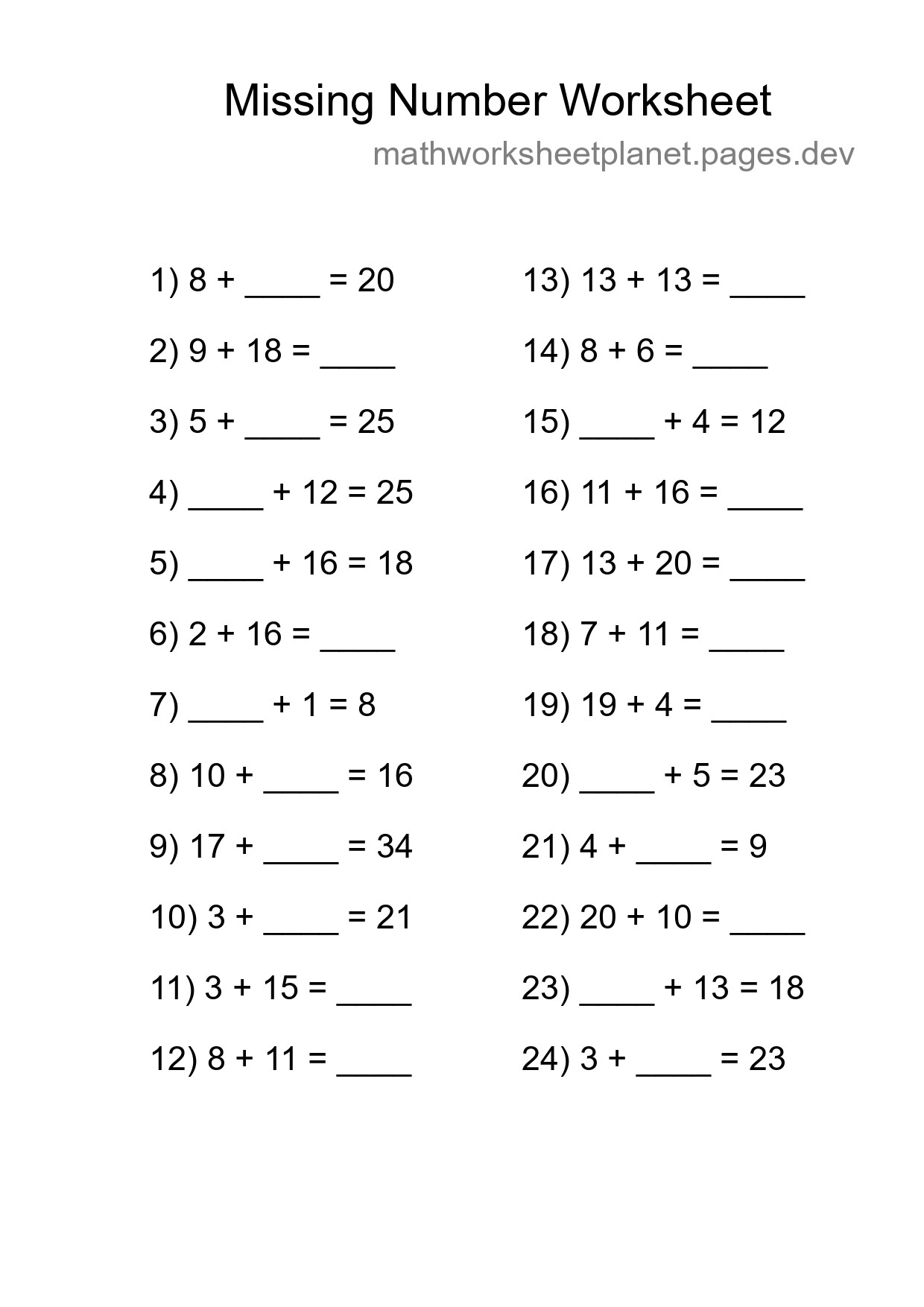 Missing Number Math Worksheet