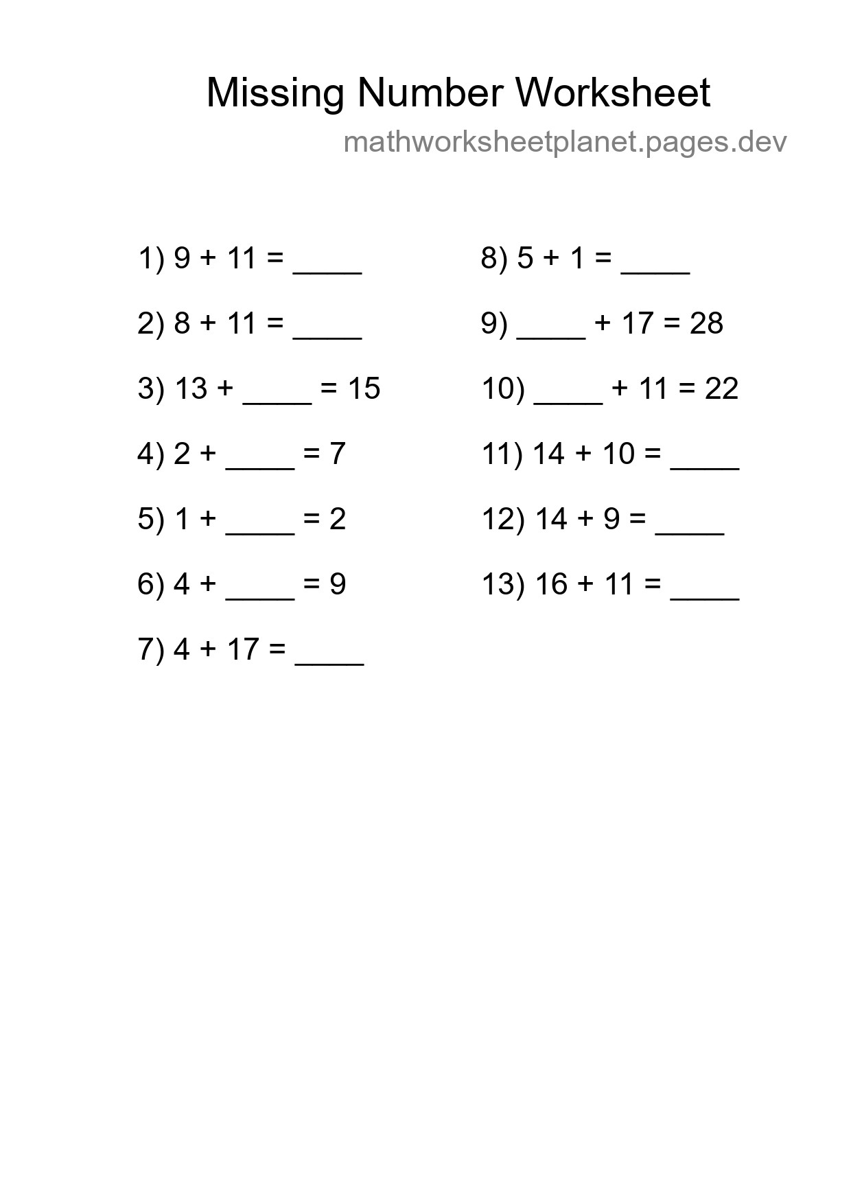 Missing Number Math Worksheet