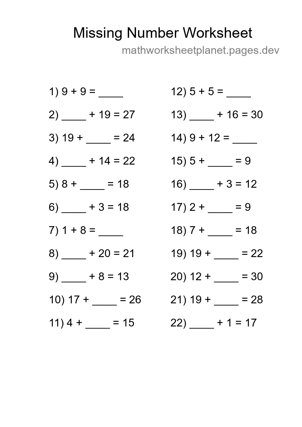 Missing Number Math Worksheet