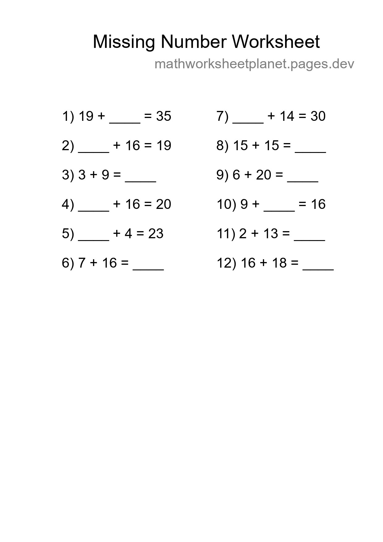 Missing Number Math Worksheet