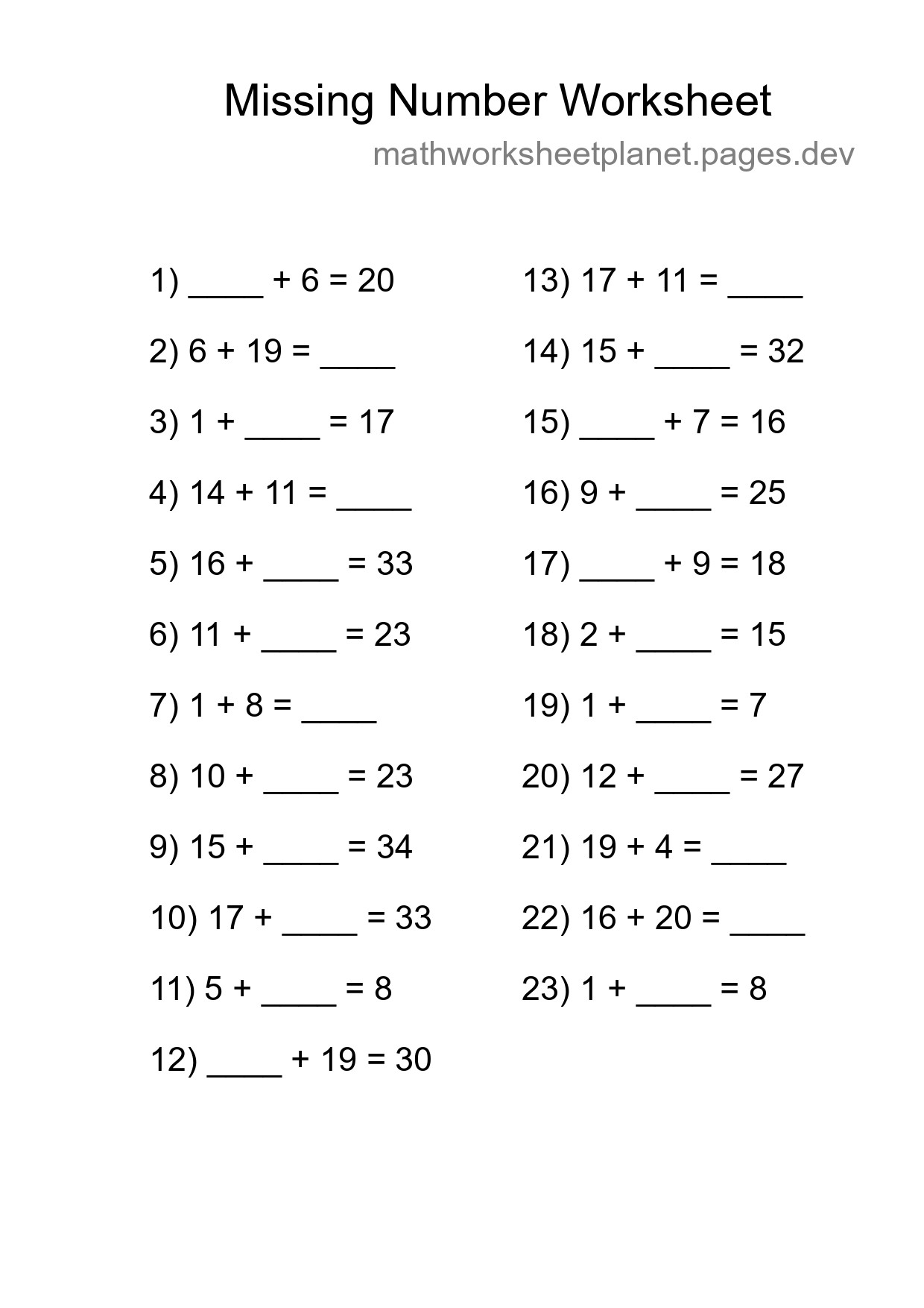Missing Number Math Worksheet