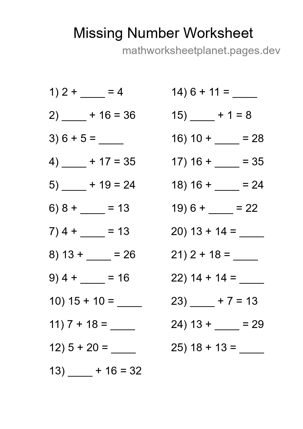 Missing Number Math Worksheet