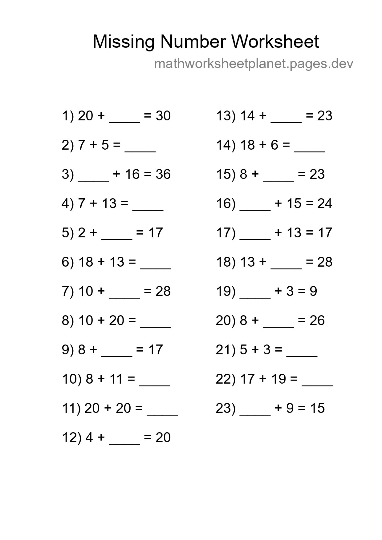 Missing Number Math Worksheet