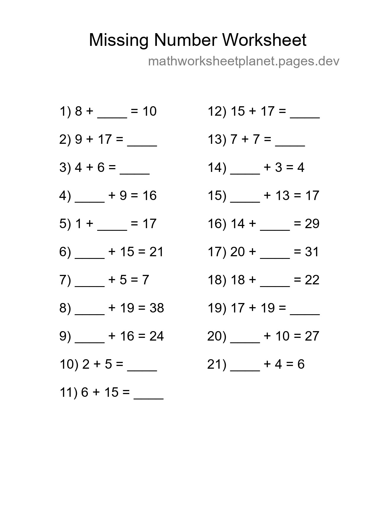 Missing Number Math Worksheet