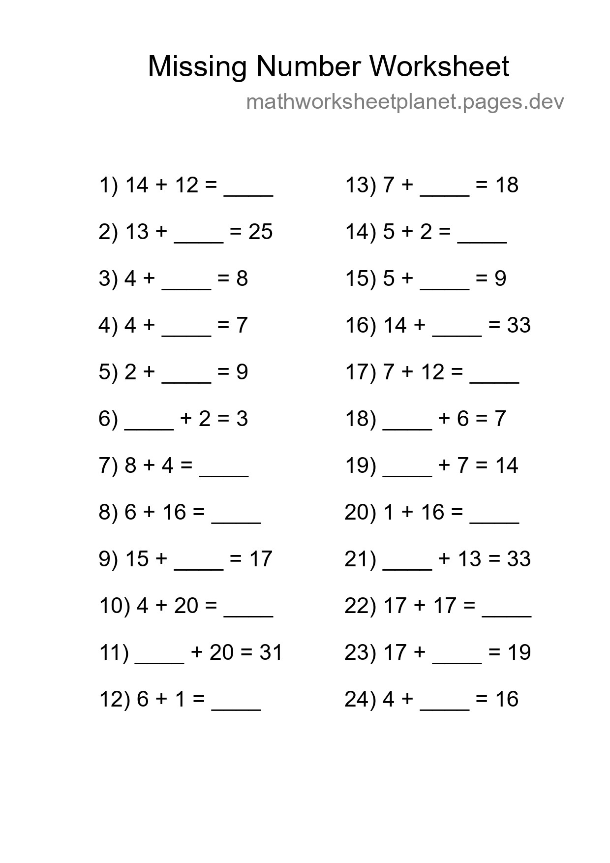 Missing Number Math Worksheet