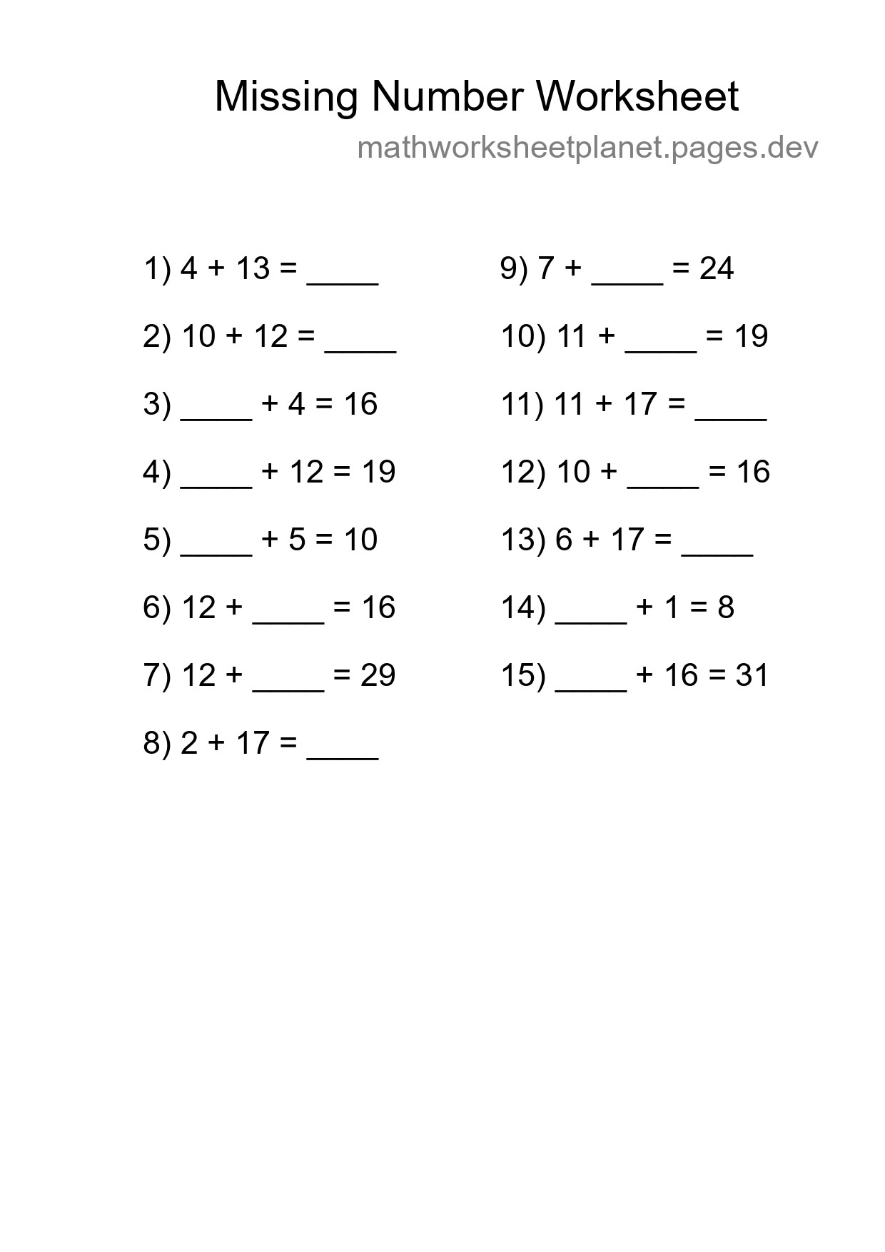 Missing Number Math Worksheet