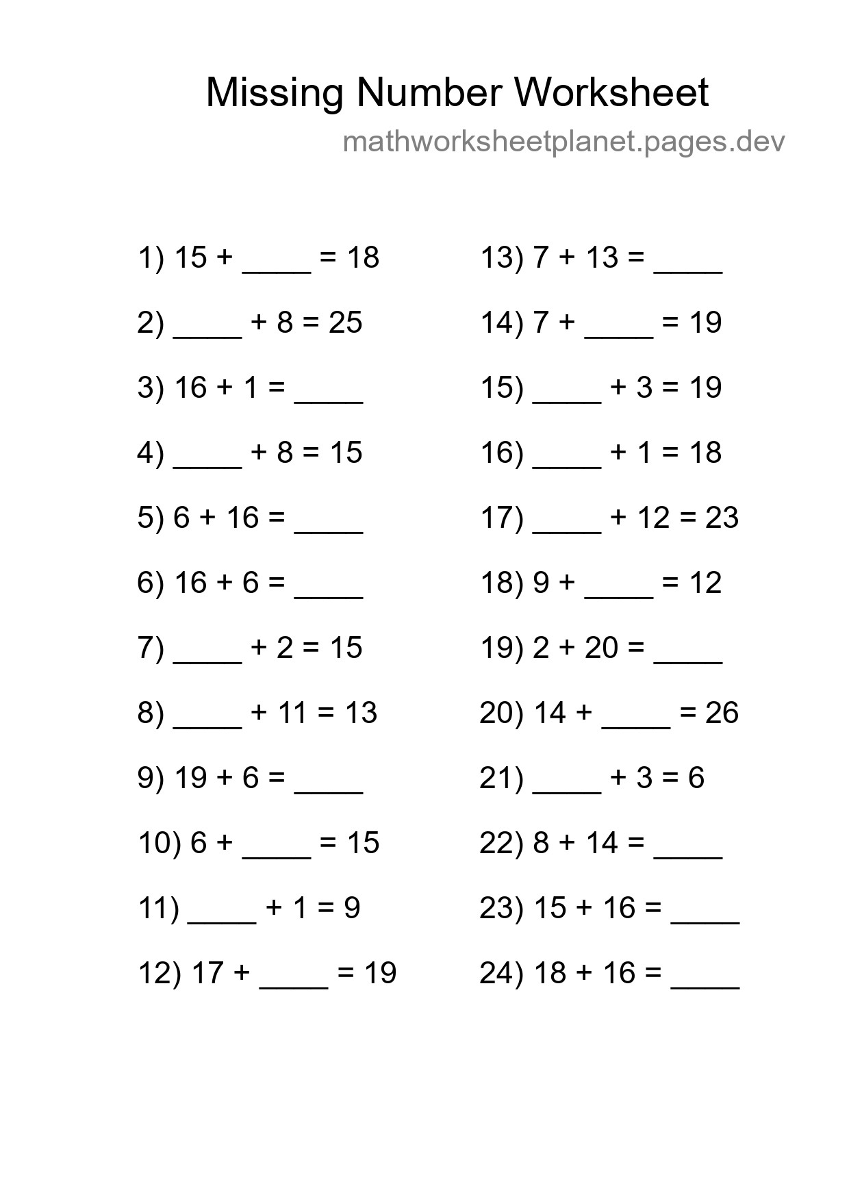 Missing Number Math Worksheet