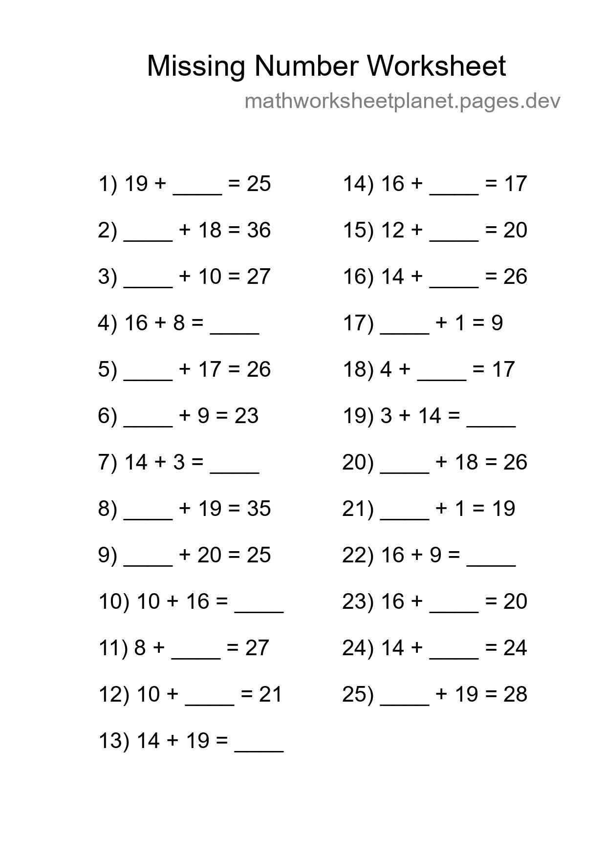 Missing Number Math Worksheet