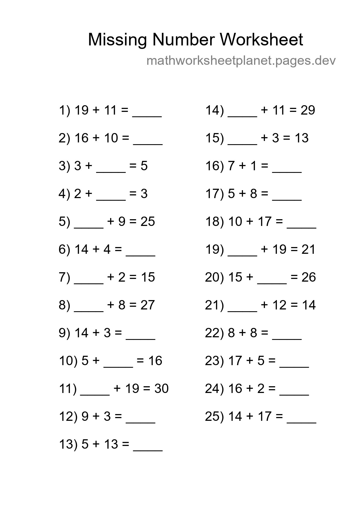 Missing Number Math Worksheet