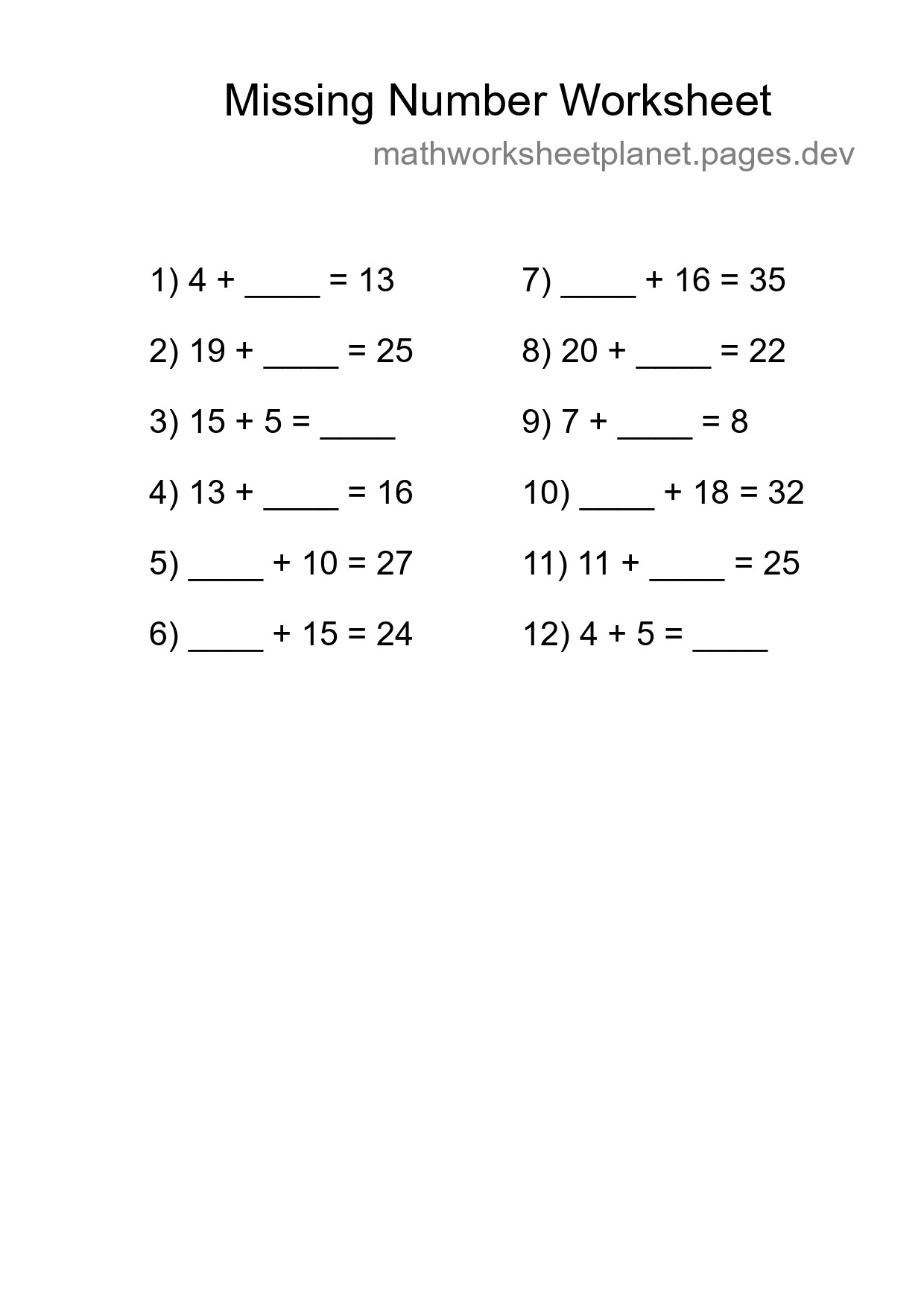 Missing Number Math Worksheet